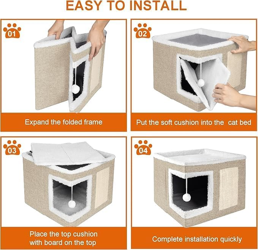 Cat Houses for Indoor Cats - Large Cat Bed Cave with Scratch Pad and Fluffy Ball, Foldable Cat Condo Hideaway with Reversible Cushion for Multi Small Pet (Khaki, 40 * 40 * 15) - Dark Grey image number 5