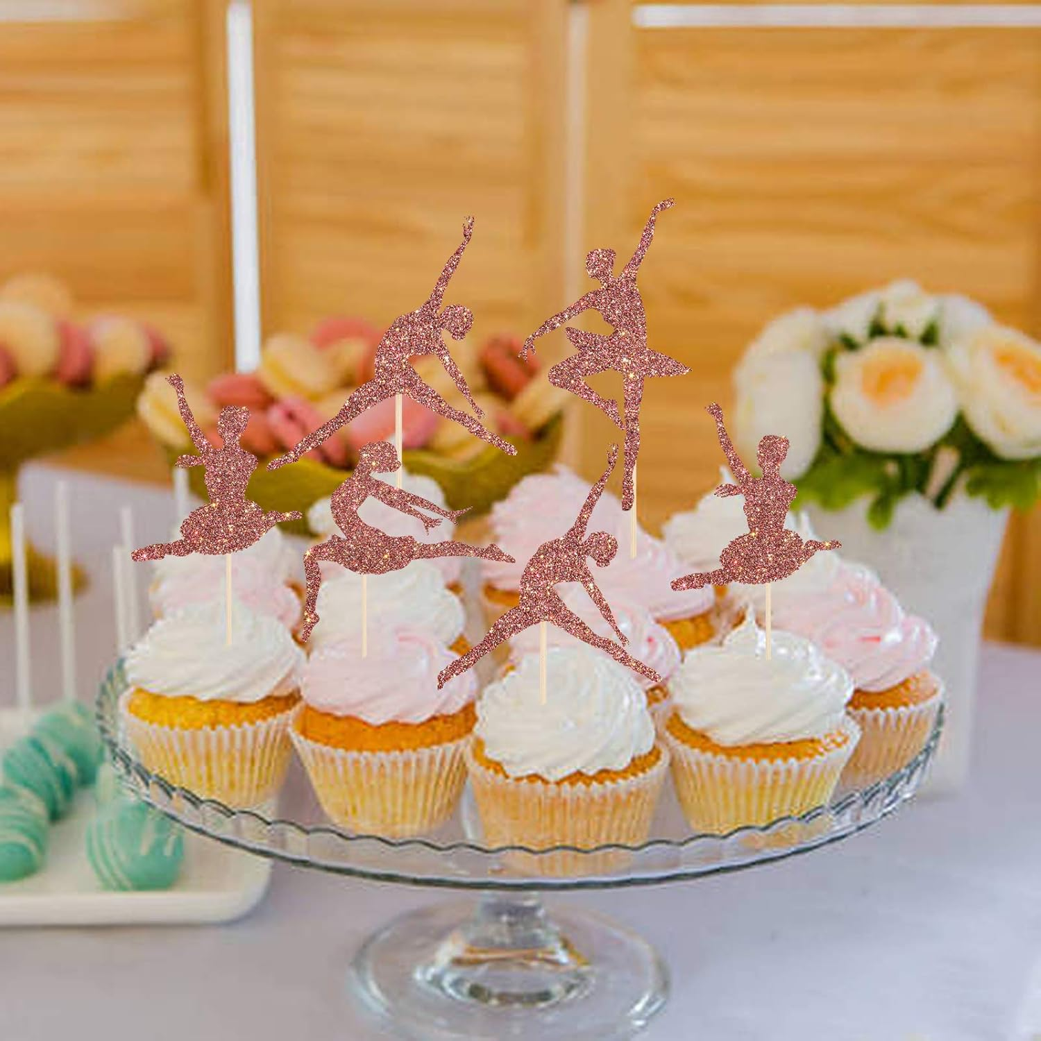 Monmon & Craft 24 Pcs Ballerina Cupcake Toppers for Girl Birthday / Welcome Baby Girl / Girl'S 1St Birthday Party Cake Decorations / Rose Gold Glitter Ballet Girl Cupcake Toppers image number 6
