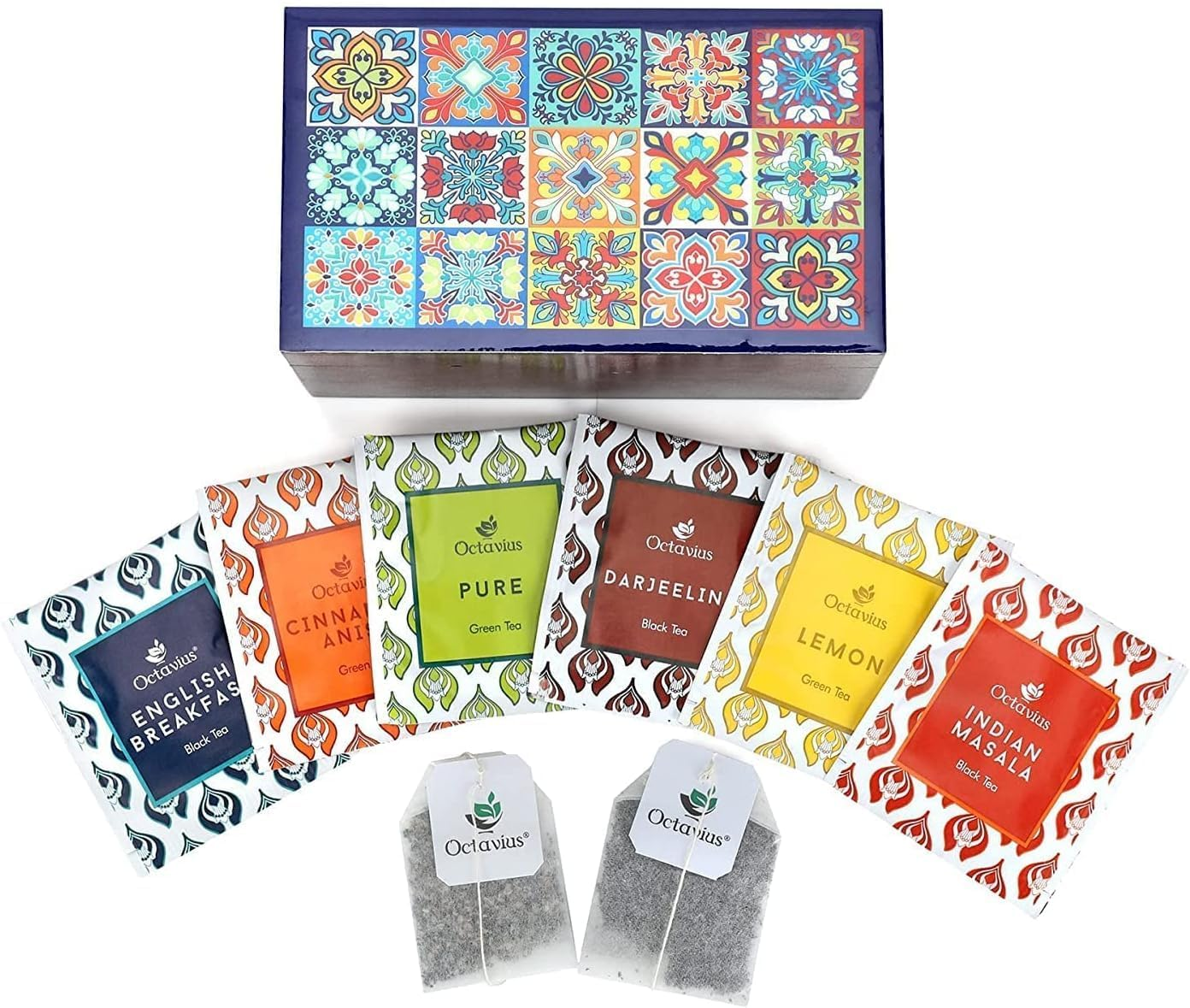 Octavius Assorted Black & Green Tea Sampler Gift Set (6 Flavors, 60 Teabags) | Wooden Tea Box with Leafcut Design | Tea Variety Pack | Gifts for Women & Men | Premium Tea Gift Set