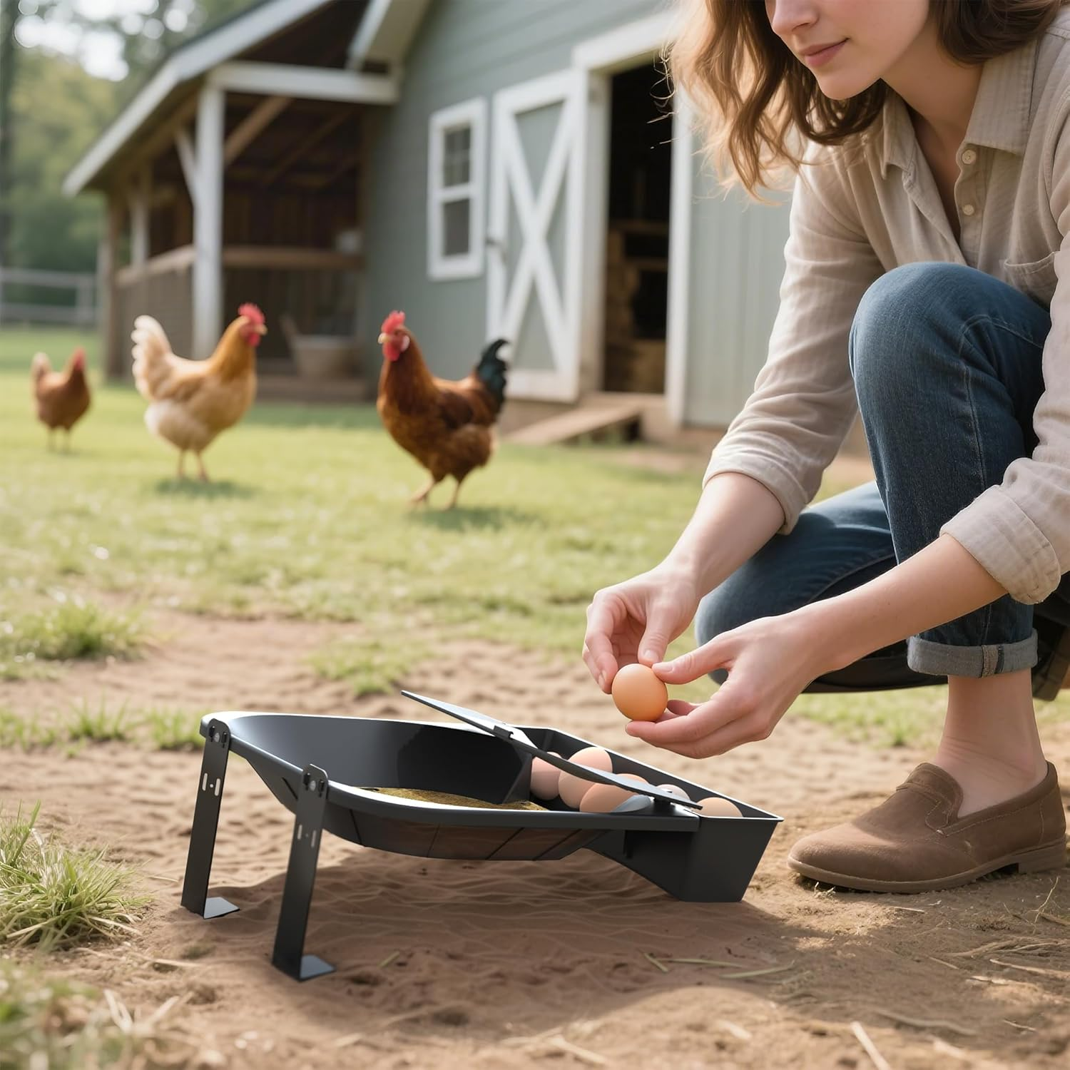 Rolling Nesting Box for Chicken Coop, 1-Pack with 3 Coconut Fiber Mats Replaceable Chicken Coop Accessories, Automatic Egg Collection for Backyard Poultry (Black) image number 1
