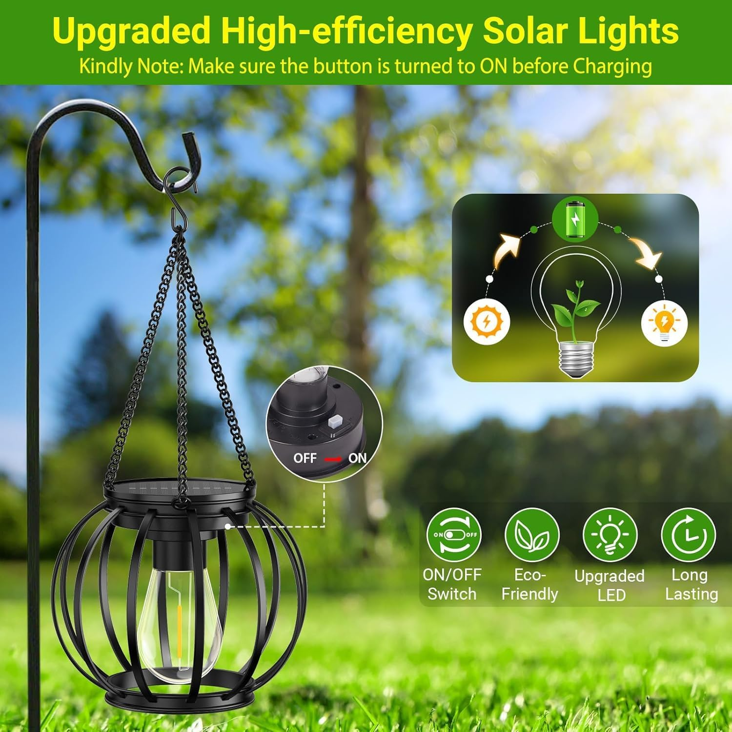 2Pack Solar Lanterns Outdoor, Upgraded Solar Lights for outside Decorative Outdoor Hanging Lights Waterproof Auto On/Off Solar Lantern Lighting for Yard Patio Pathway Tree Garden Decor image number 5