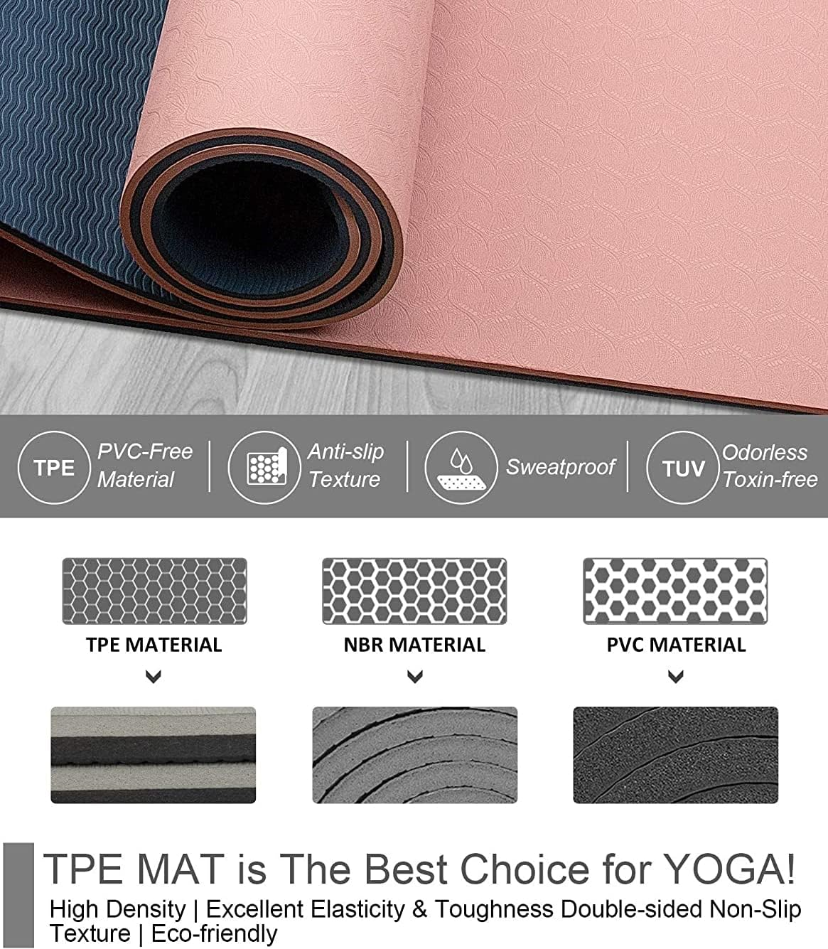HJB VISSO Yoga Mat, Non Slip Pilates Fitness Exercise Mat with Alignment Marks for Women Men, 183 X 61 X 0.6Cm Thick Eco Friendly TPE, Carrying Strap & Storage Bag Included - Pink/Blue image number 4