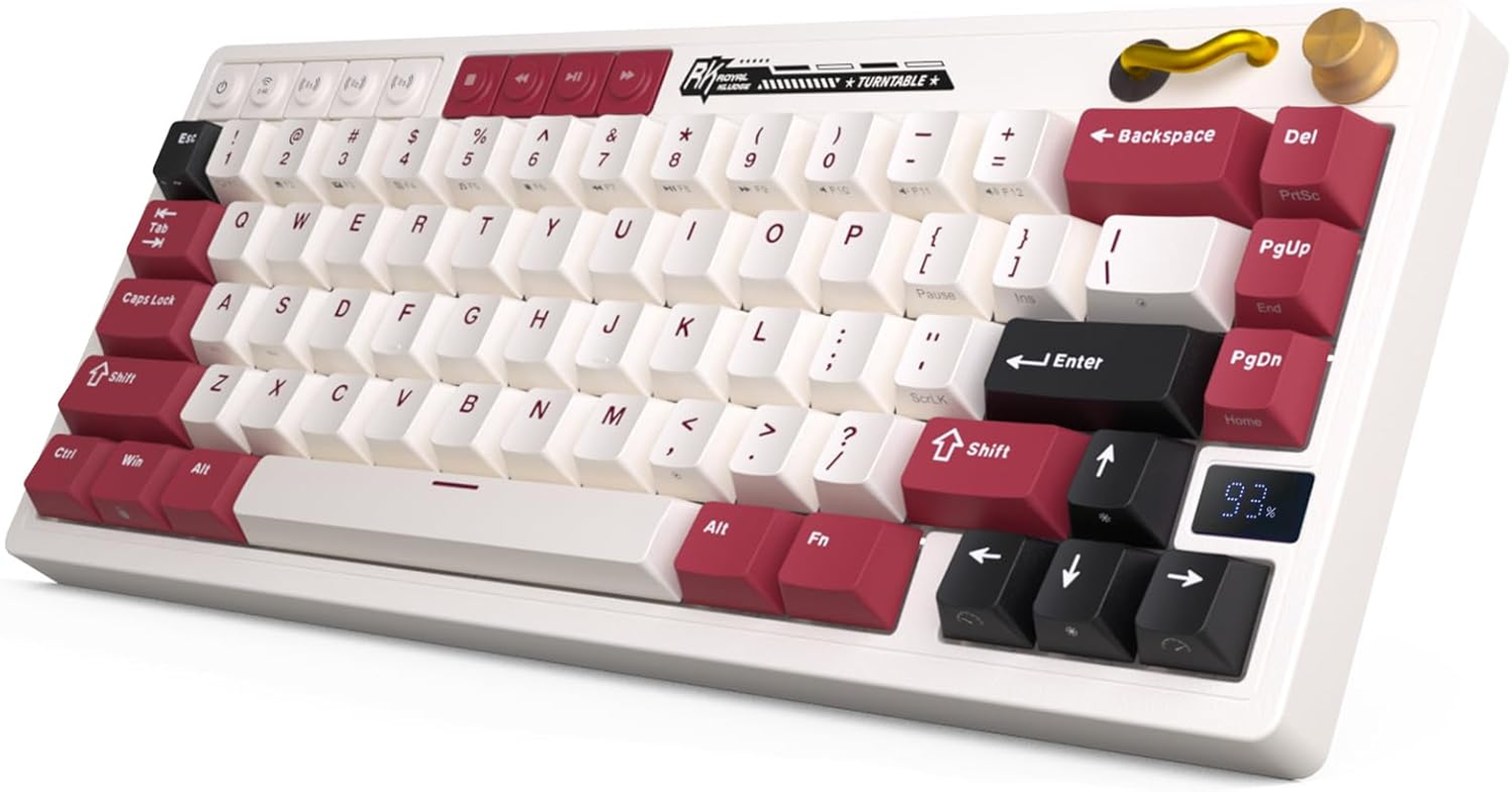 RK ROYAL KLUDGE M65 Wireless Mechanical Keyboard with Volume Knob, Tri-Mode 2.4G/USB-C/BT Gasket Mounted 60% Gaming Keyboard with 66Keys, PBT Keycaps, QMK/VIA, Hot Swappable Beige Switch, Red