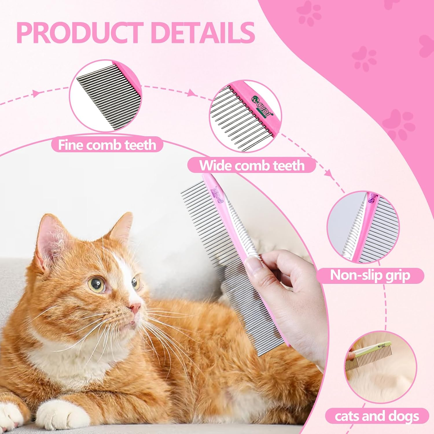 Flea Comb and Dust Comb for Dogs and Cats, Stainless Steel Dog Comb, Non-Slip ABS Handle, Cat Brush for Pet Grooming, Density and Wide Teeth for Different Combing Requirements (Pink) image number 3