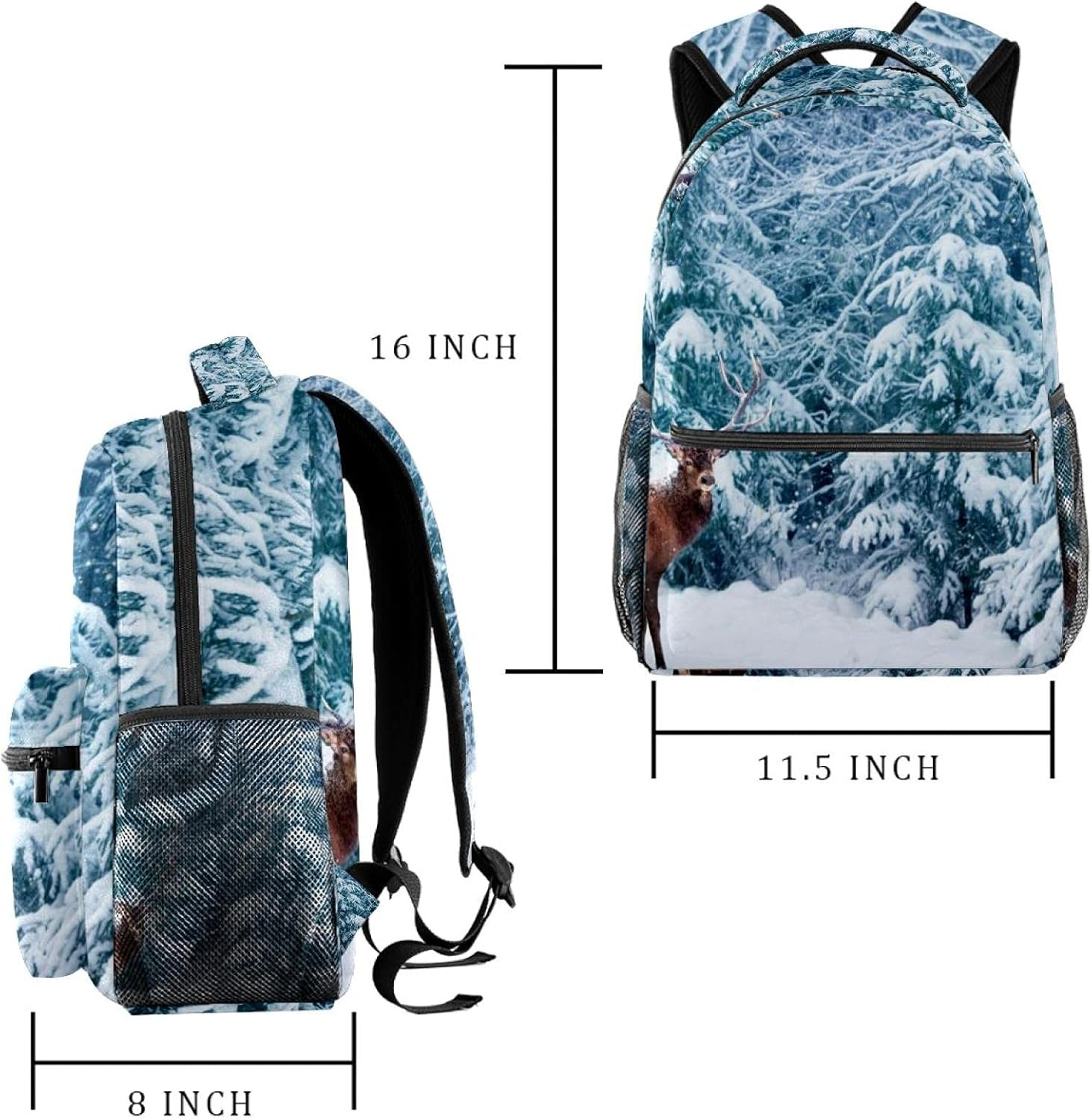 Deer Male with Big Horns in the Winter Snowy Forest Backpack Students Shoulder Bags Travel Bag College School Tote Backpacks image number 2