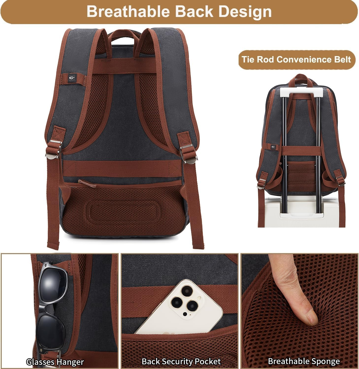 Canvas Travel Laptop Backpack for Men Women,Work Backpack Fits 15.6 Inch Laptop, Bookbag with USB Charging Port image number 3