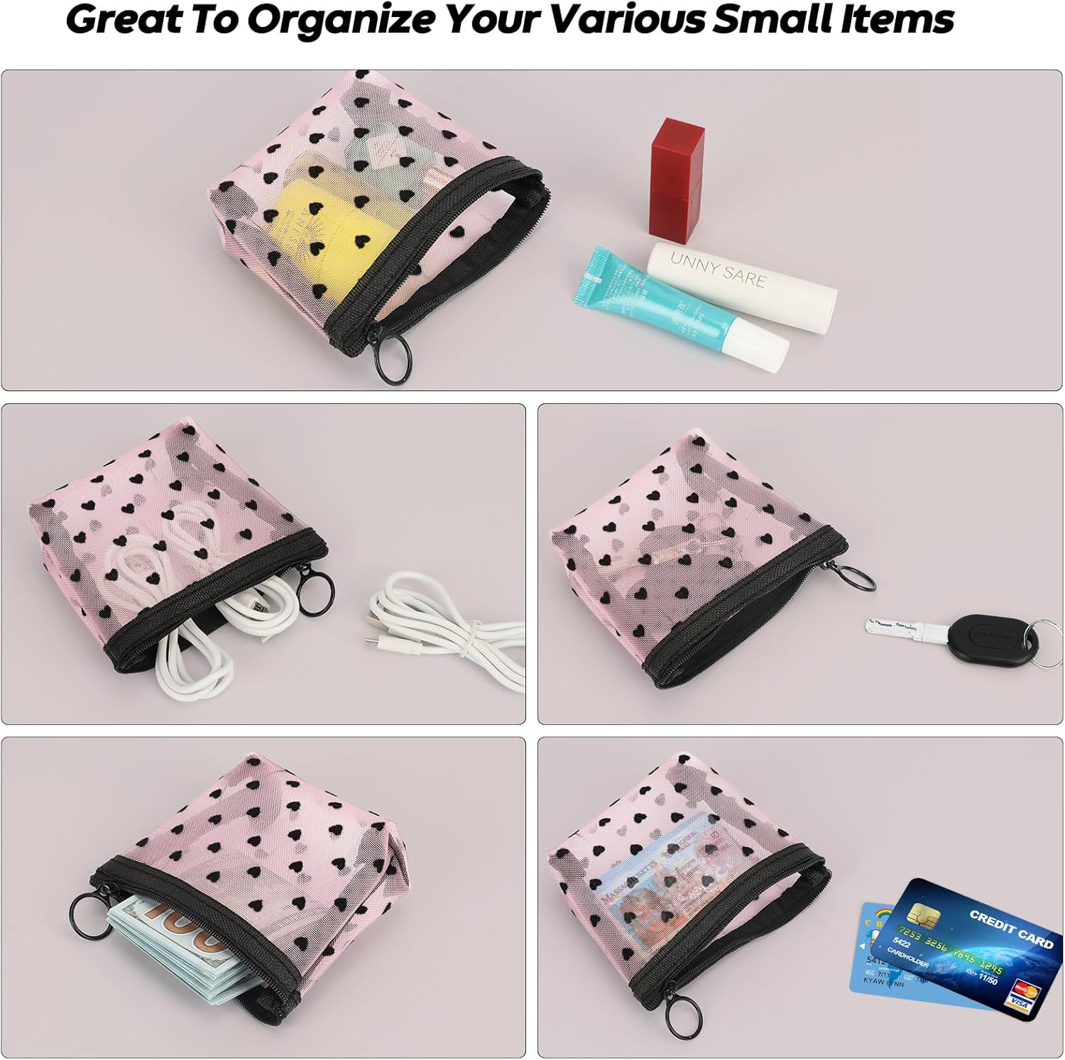 FYY 4 PCS Mesh Cosmetic Bag with Zipper, Clear Makeup Bag Set Mesh Zipper Pouch Bags Toiletry Bag for Women Travel Accessories (Multi-Size, Pink)