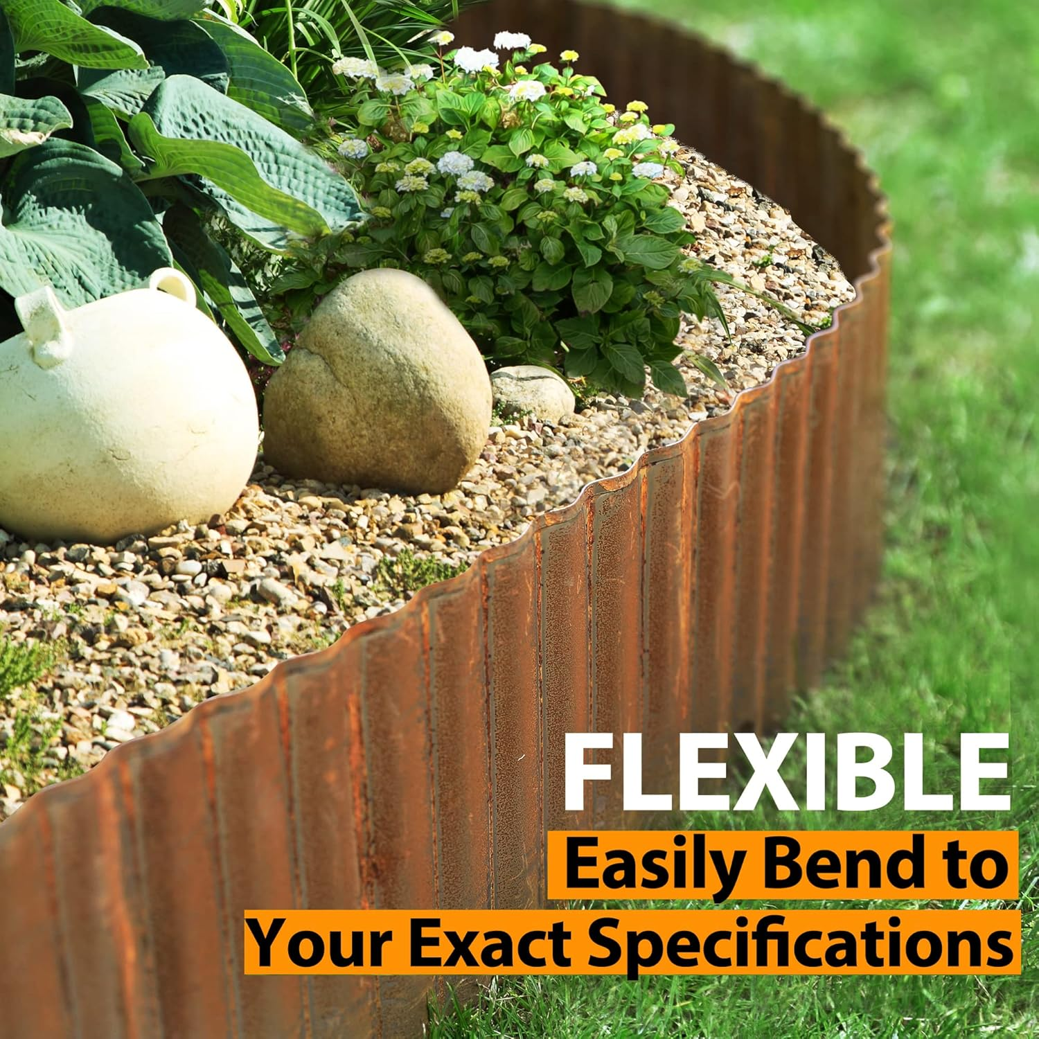 Worth Garden 20 Feet Pre-Rusted Corrugated Edging - 10" H. Sturdy Steel Landscape Lawn Edging - Bendable Metal Long Strips of Garden Border for Raised Flower Bed Tree Surrounds image number 6