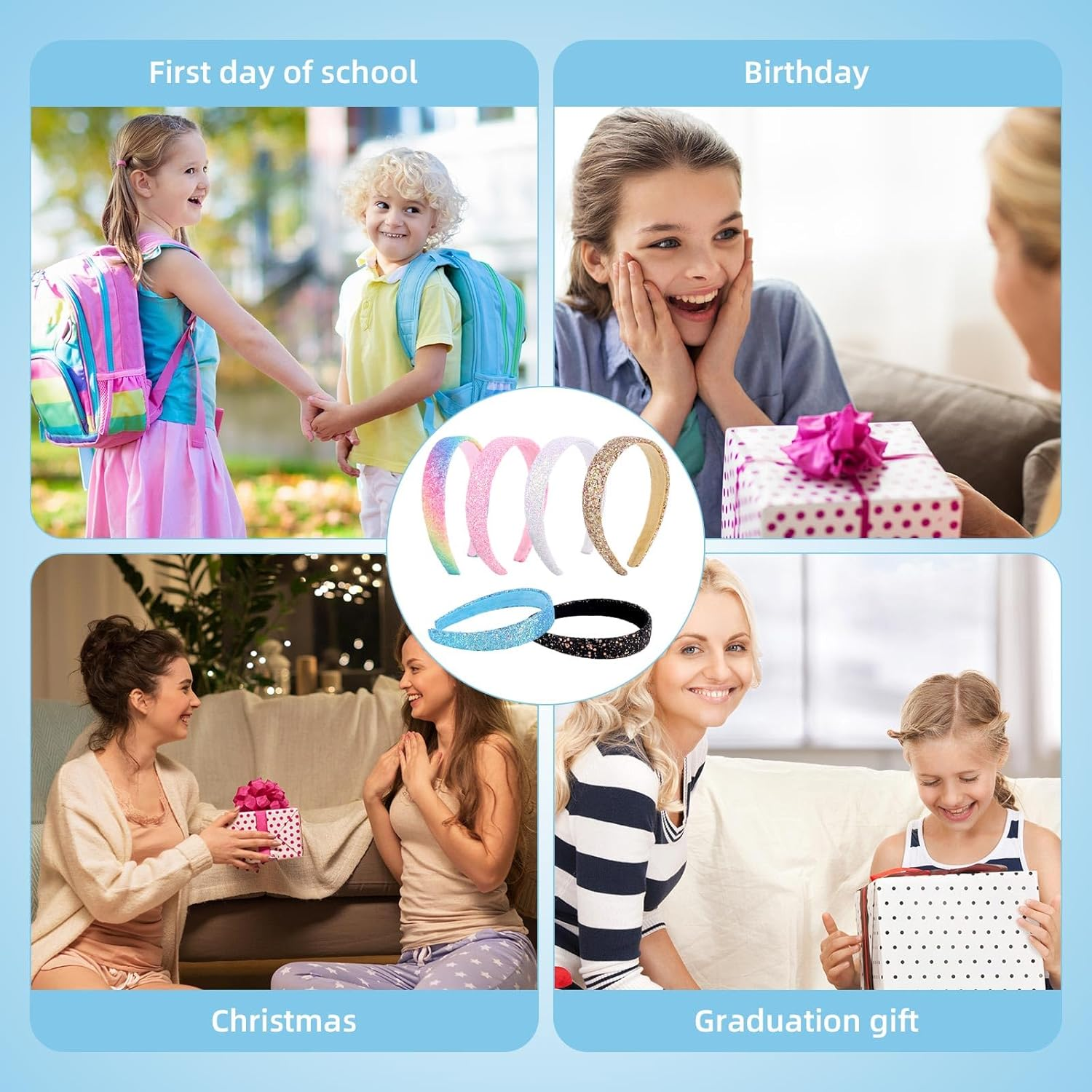 6Pcs Glitter Headbands for Girls & Women, Sparkly Rainbow Sequin Hairbands Bling Hair Accessories for Birthday Holiday Party