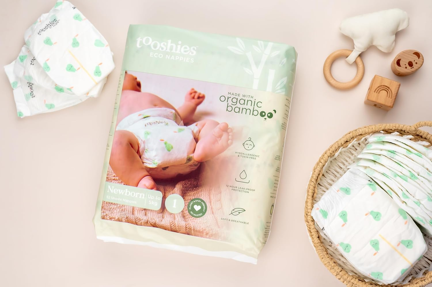 Tooshies Eco Nappies Size 1 Newborn, 104 Count, White, 3.25 Kilograms + Tooshies Aloe Vera & Chamomile Eco Wipes, Pack of 1120 (16X70 Packs) + Tooshies Biodegradable Nappy Bags 40Pk, Green image number 4