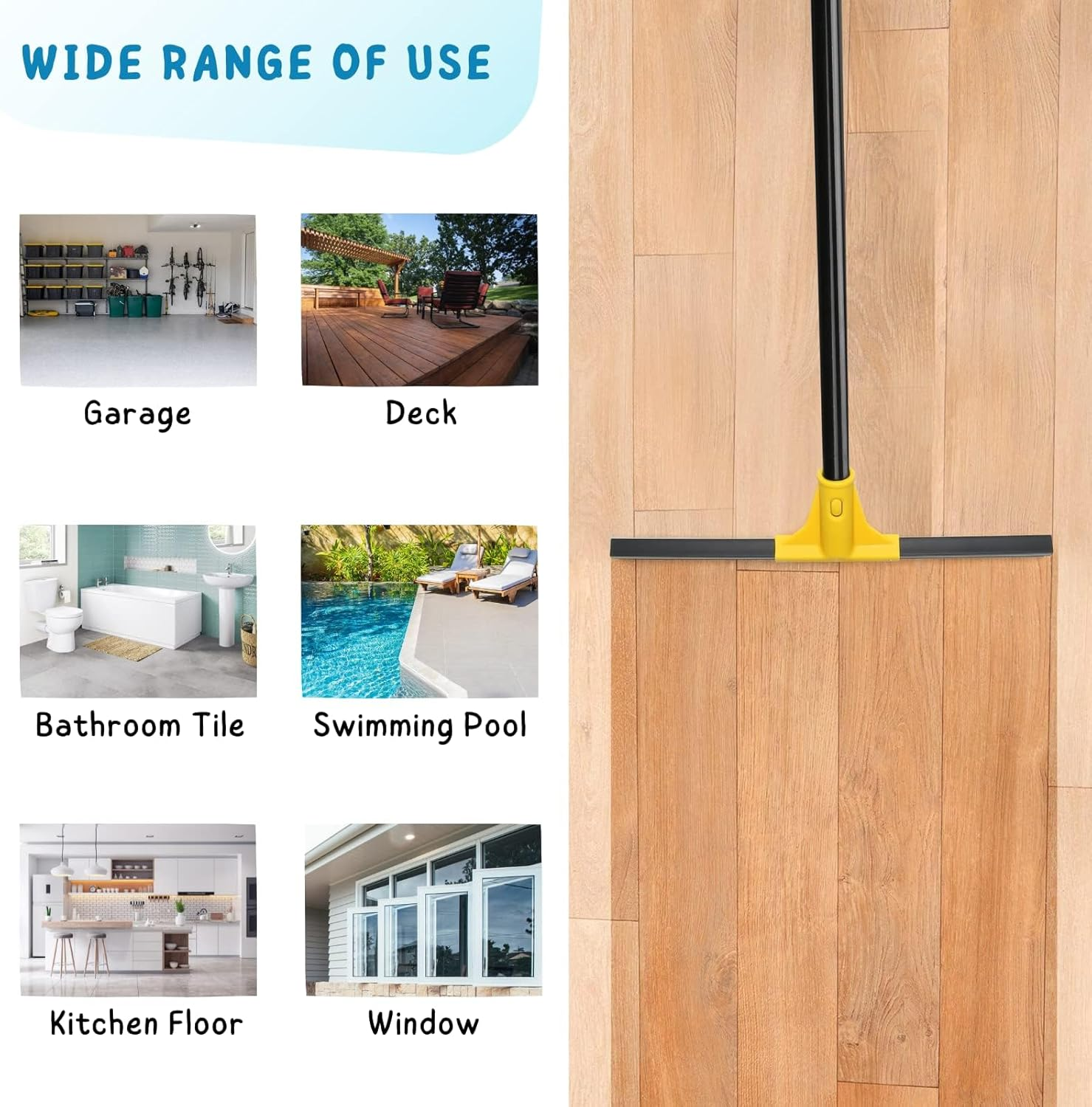 Squeegee Broom for Floor, 18'' Heavy Duty Rubber Wiper with 60'' Long Handle for Bathroom Tile, Garage Concrete, Deck, Shower Glass, Window Cleaning (Yellow) image number 2