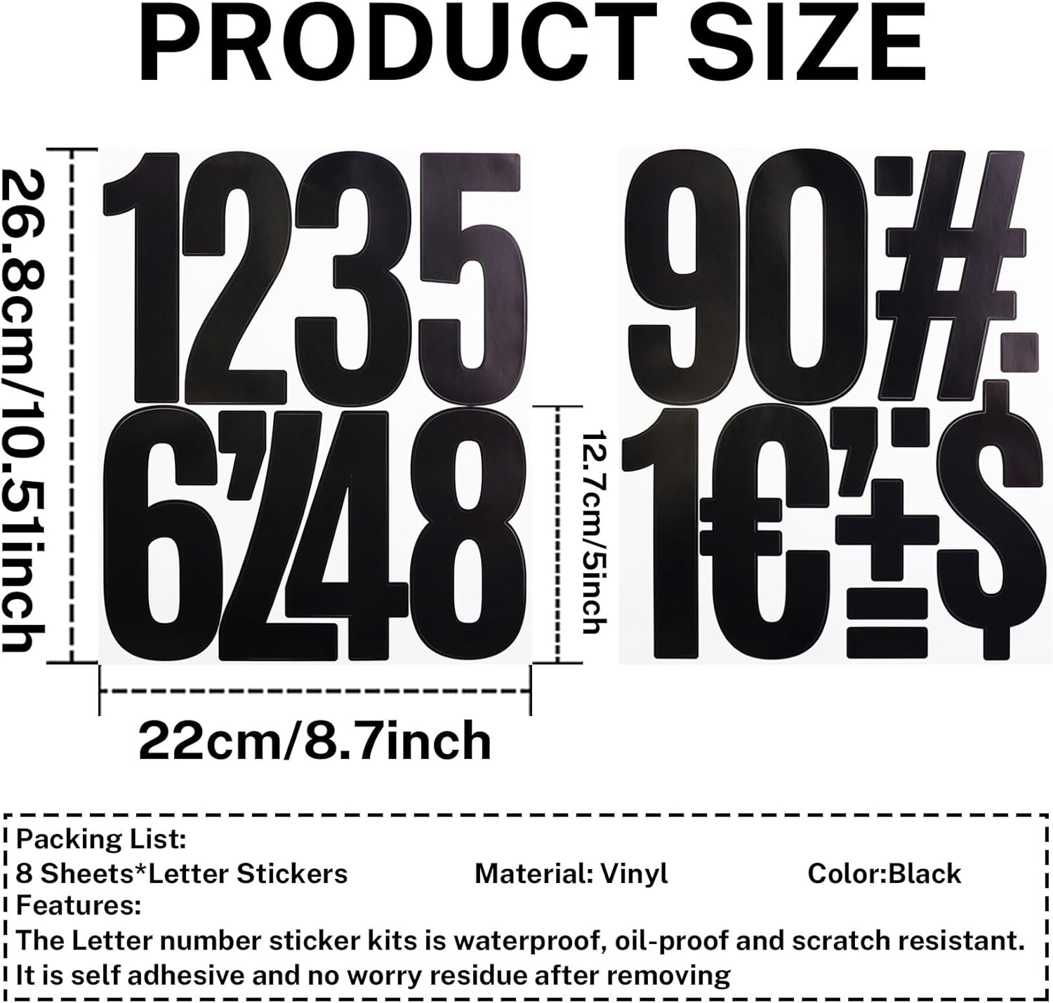 5 Inch Vinyl Number Stickers,88 Pieces Self-Adhesive Large Numbers 0-9 and Punctuation Sticker for Mailbox,House Nummber,Inventory Classification and Marks,8 Sheets Black image number 2