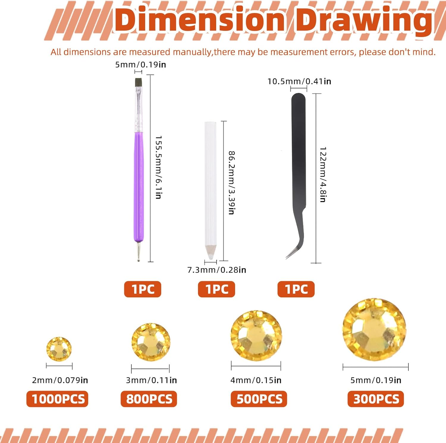 Tanstic 2606Pcs Flat Back Gems Rhinestones Kit, 2/3/4/5Mm Yellow Crystal Rhinestones with B7000 Glue, Tweezer, Picker Pen Dotting Tool for Nail Clothes Shoes Bags DIY Art - Clear image number 3