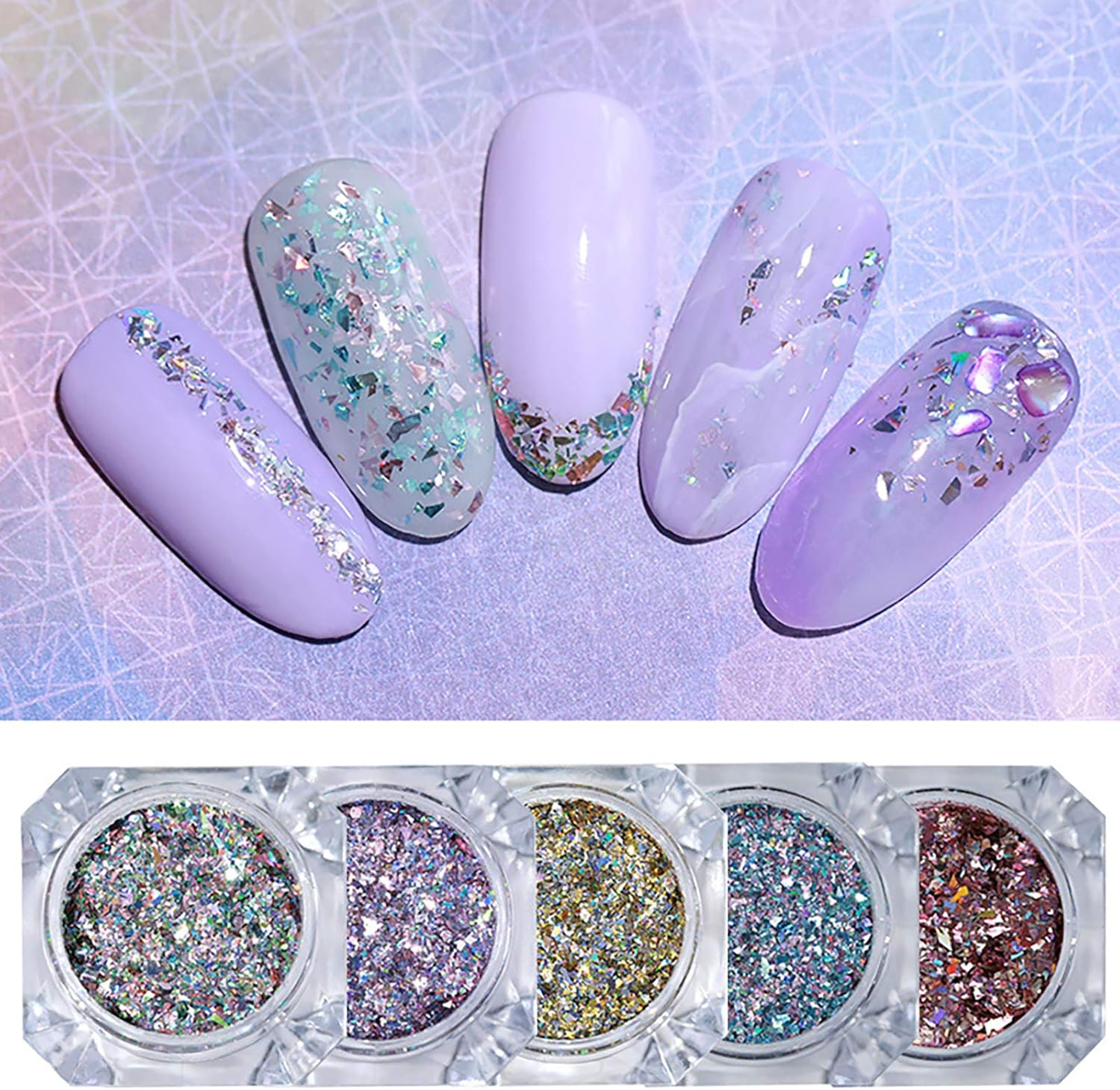 5 Boxes Metallic Pigment Manicure Mirror Powder Iridescent Mirror Flour Nail Glitter Sequins image number 1