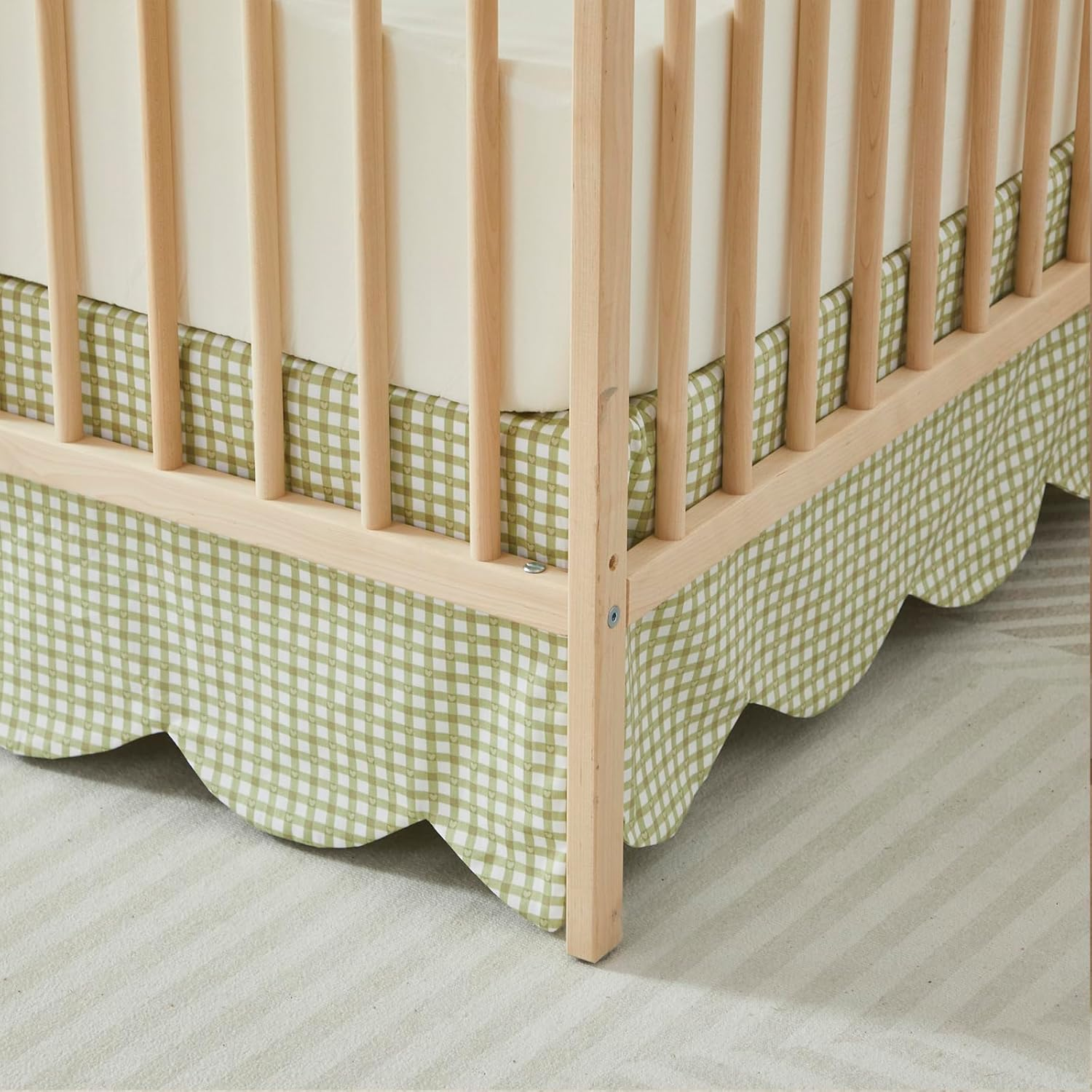 Brandream Scallop Edge Cotton Crib Skirt, Baby Boy Girl Gender Neutral Crib Skirt Toddler Bedskirt Farmhouse Chic Nursery Crib Bed Skirt, Boho Bohemian Green Gingham - Blue Toile image number 4