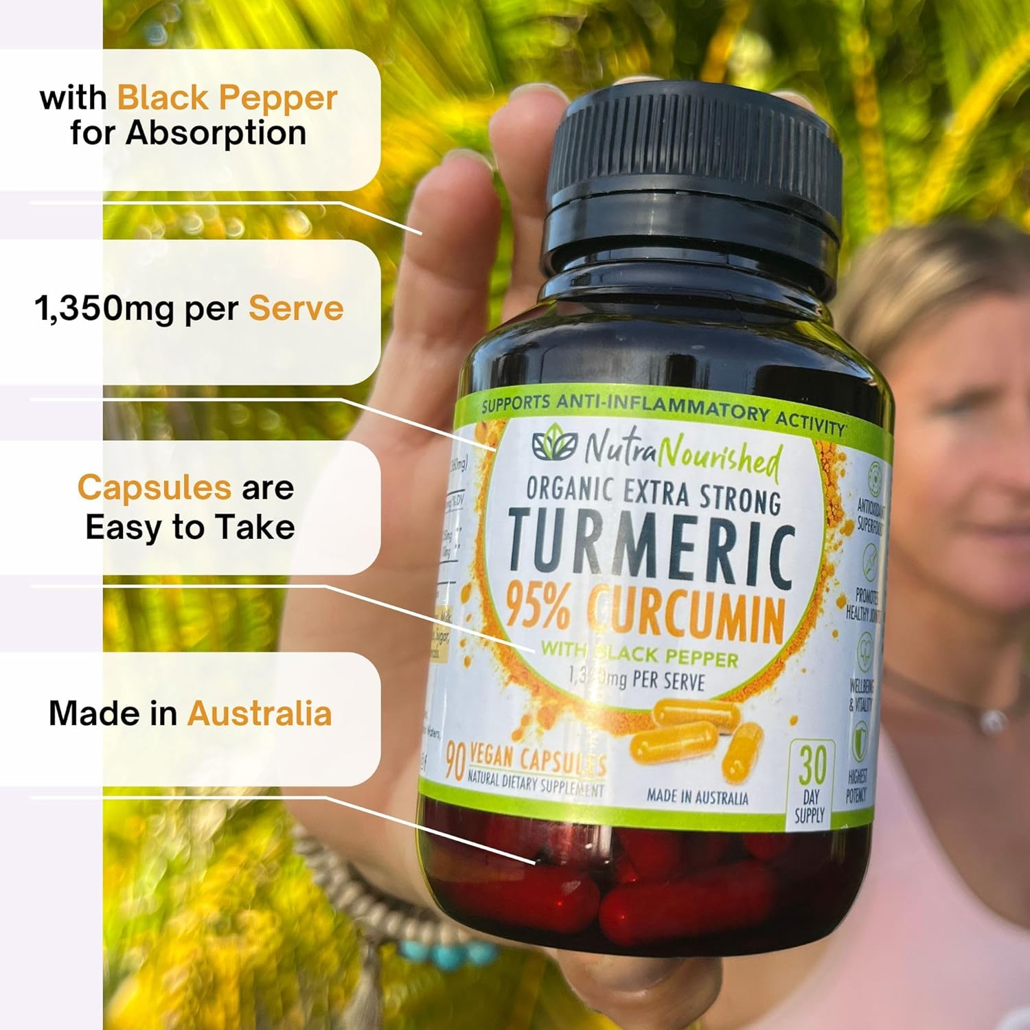 Curcumin Tablets 95% Pure | Organic Turmeric Extract Buffered with Black Pepper | 1,350Mg per Serving | Vegan Capsules | Made in Australia (Gold Coast) | 90 Tablets image number 3
