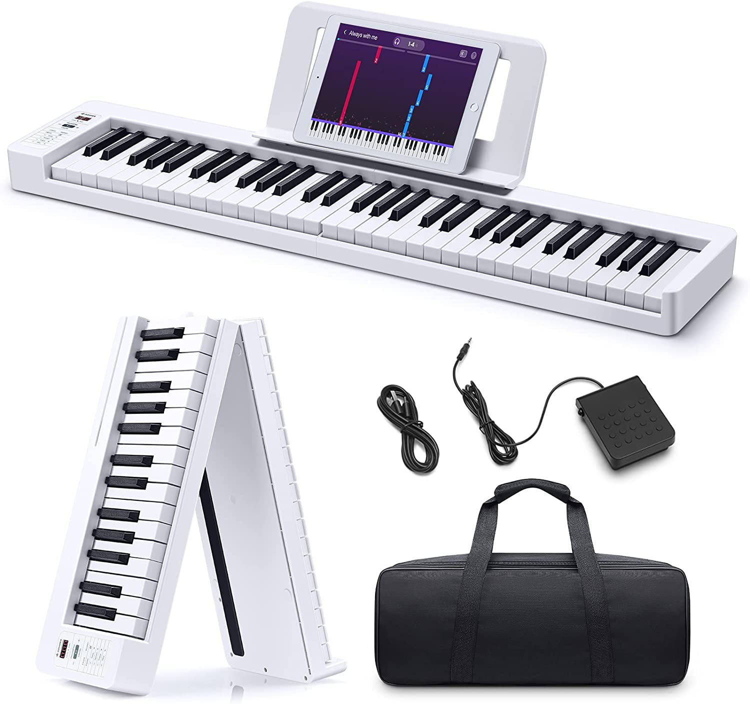 Donner Folding Piano Keyboard, 61 Keys Sensitive Electric Piano, Portable Beginner Digital Piano Foldable Keyboard with Music Rest, Piano Bag, Piano Pedal, Piano APP, DP-06 White image number 2
