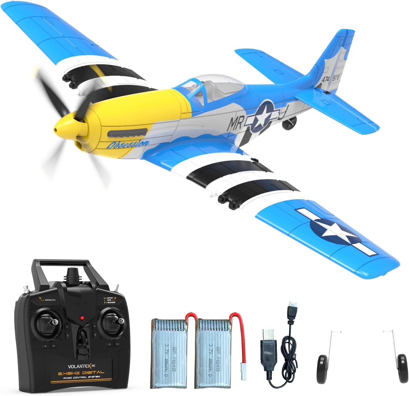 VOLANTEXRC RC Plane 4-CH RC Airplane Ready to Fly P51 Mustang WWII Remote Control Plane for Beginners with Xpilot Stabilization System, One Key Aerobatic for Adults Kids(761-5 Blue) image number 5