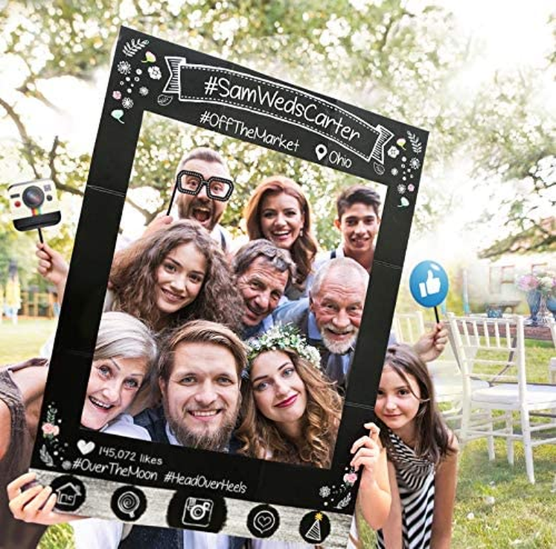 Insta-Themed Social Media Party Photo Booth Frame with Emoji & Personalized Speech Bubble Props. Great as Vintage Background Photography for Birthday, Anniversary, Wedding Supplies Event Decoration image number 1