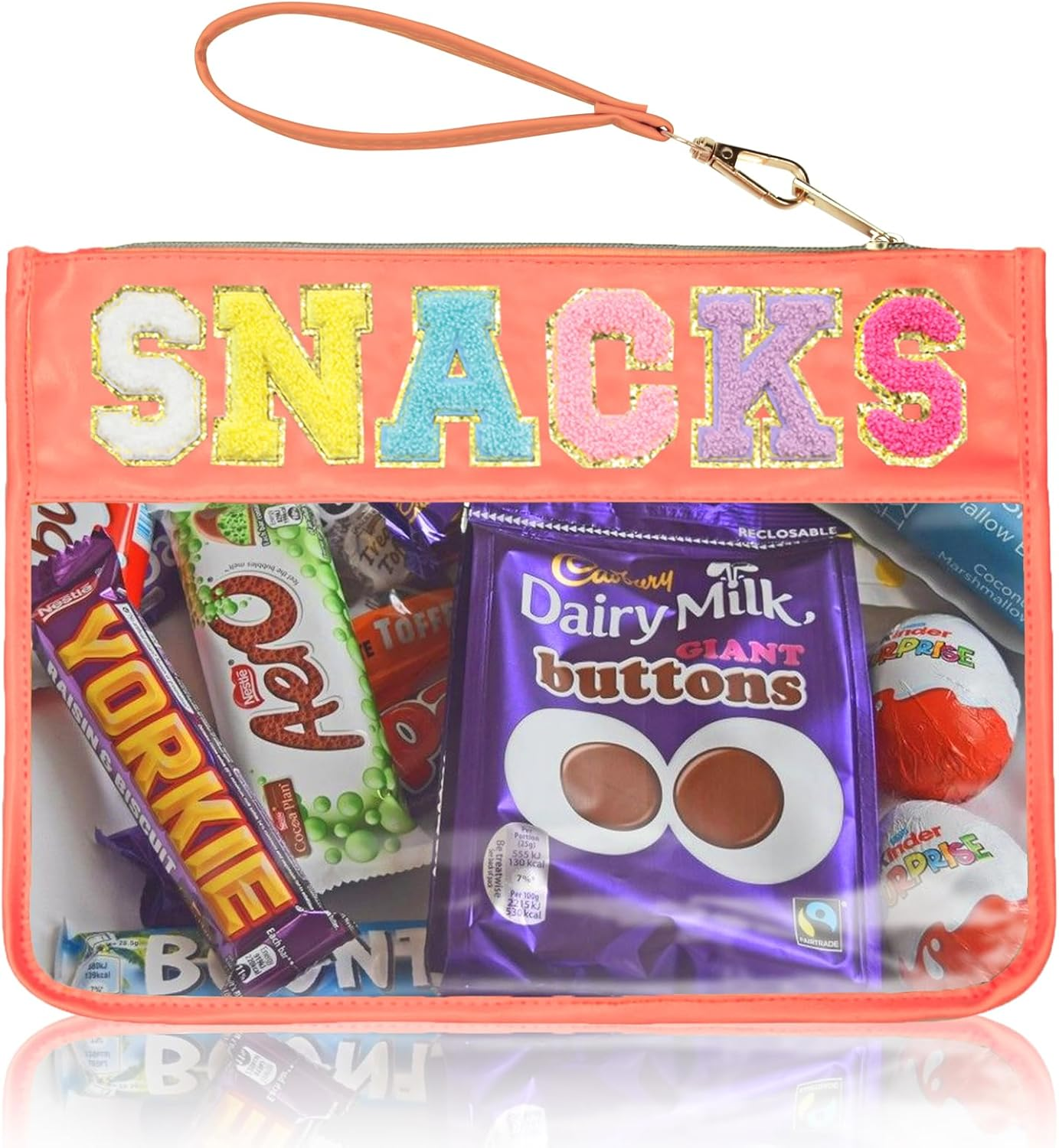 Burskit Snacks Bag Clear Chenille Varsity Letter Zipper Pouch Travel Makeup Bag Aesthetic Storage Organizer Pouches for Women with Glitter Patch Letters (Black-Snacks)