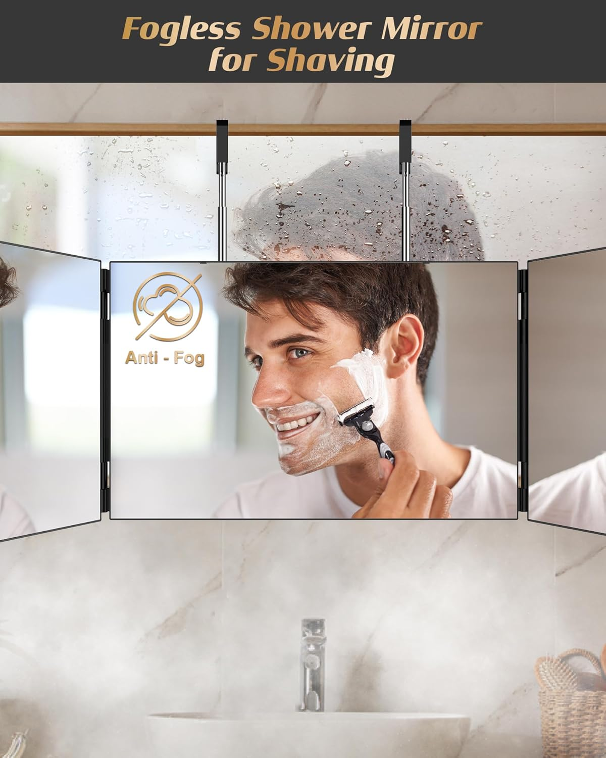 JUSRON 360 Viewing Angle Self Hair Cutting Mirror, Clear Anti-Fog HD Glass (Black without LED with Accessories) image number 1