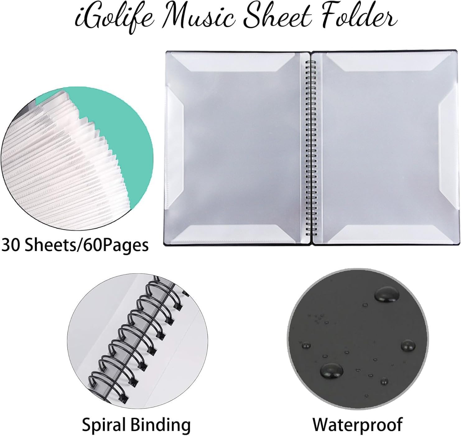 Igolife Sheet Music Folder, 60 Pages Spiral Binder Organizer for Sheet Music Storage, Fits Letter Size 8.5 X 11 In/ A4, Writable Choir Folder
