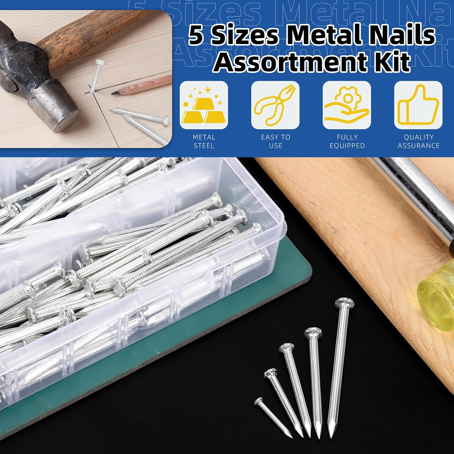 Glarks 300Pcs 20/30/40/50/60Mm Brick Steel Nails Kit, White Zinc Carbon Steel Hardware Nails, Finishing Nails, Brad and Picture Hanging Nails, Wood Nails, Cement Nails for Drywall and Pine - Black image number 3