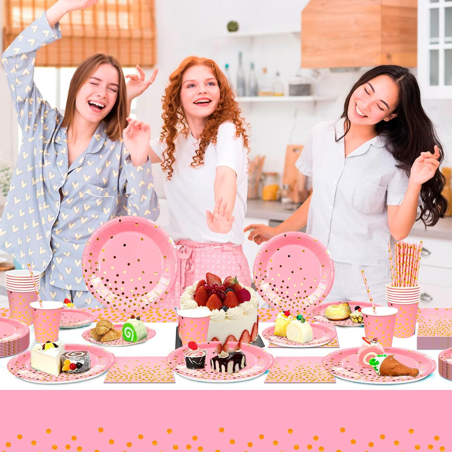 Pink Gold Party Tableware Set, 121Pcs Pink Dot Tableware Set Pink and Gold Paper Plates Cups Pink Gold Polka Dot Tablecloth Etc Pink and Gold Party Supplies Tableware image number 5