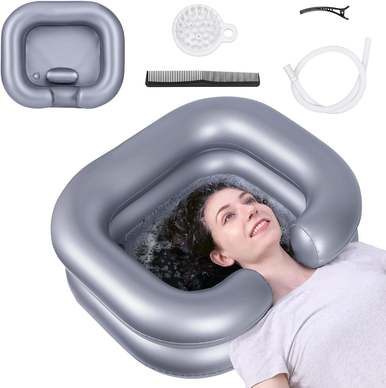 Cozioz Portable Inflatable Shampoo Bowl - Hair Washing Basin for Home Care & Pregnant Women, Salon & Dreadlock Wash Sink (Silver) image number 5