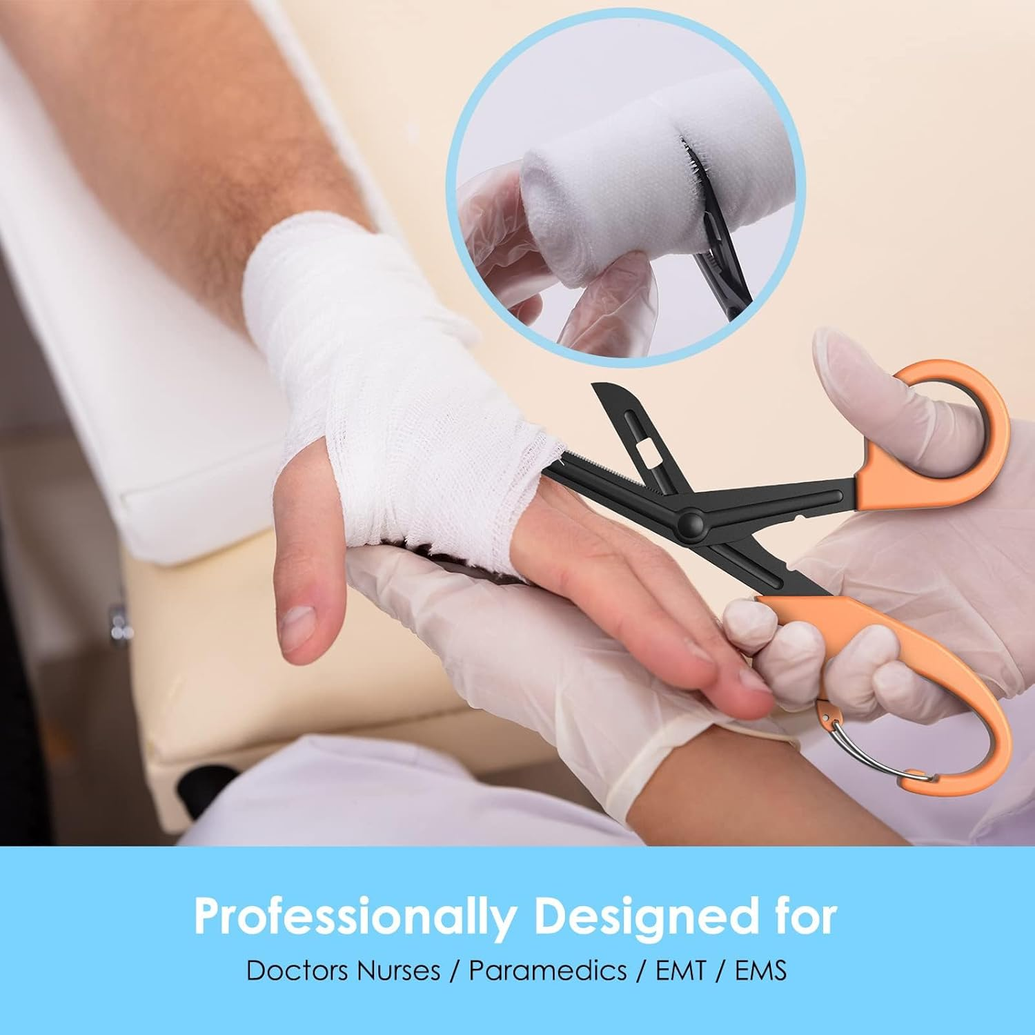 Medical Scissors with Carabiner, 7" Bandage Scissors Trauma Shears, Fluoride Coated Non-Stick Blades Stainless Steel Shears for Doctor, Nurses, Nursing Students (Orange) - Black image number 4