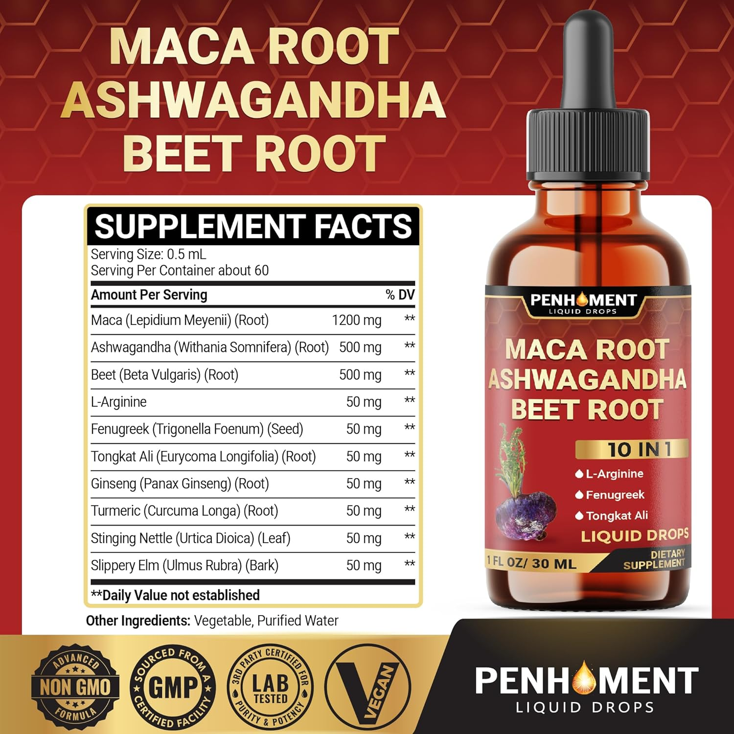 Maca Root Liquid Drops with Ashwagandha, Fenugreek, Beet Root and L-Arginine Liquid for Women and Men - 60 Day Supply image number 3