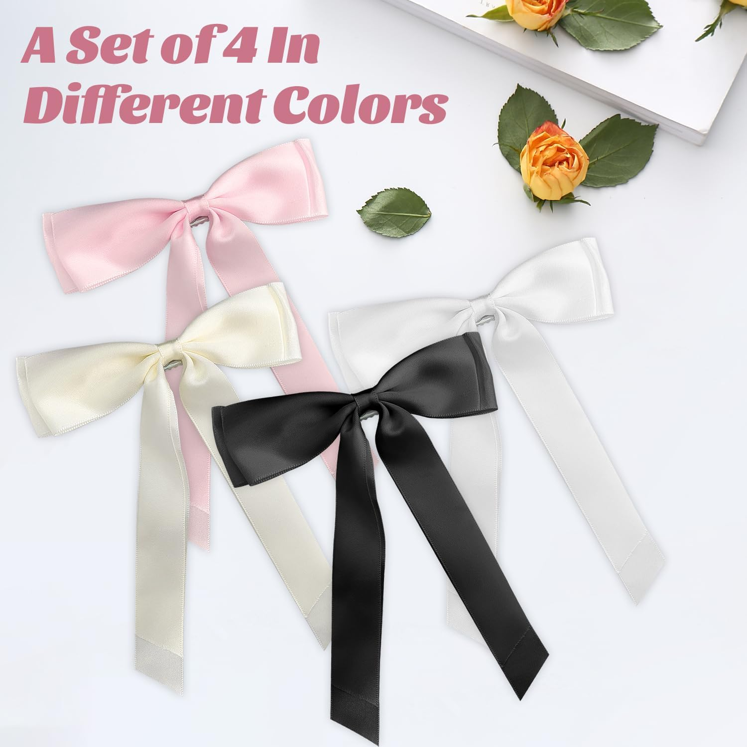 IGXX 4PCS Hair Bows, Satin Bow Hair Clips with Metal Clips, Hair Accessories for Women & Girls (White Black Pink Beige) image number 3
