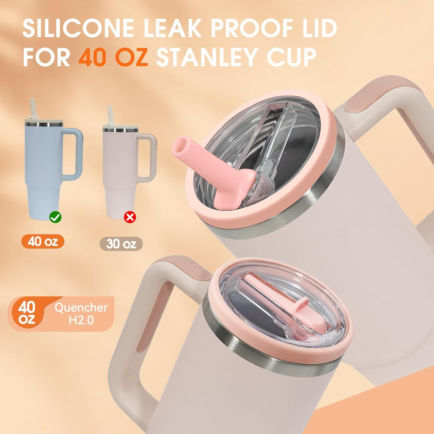 40Oz Spill Proof Flip Straw Lid Replacement for Stanley H2.0 Quencher,Leak Proof Tumbler Lid,2 Pack,Cream White,Pink image number 6