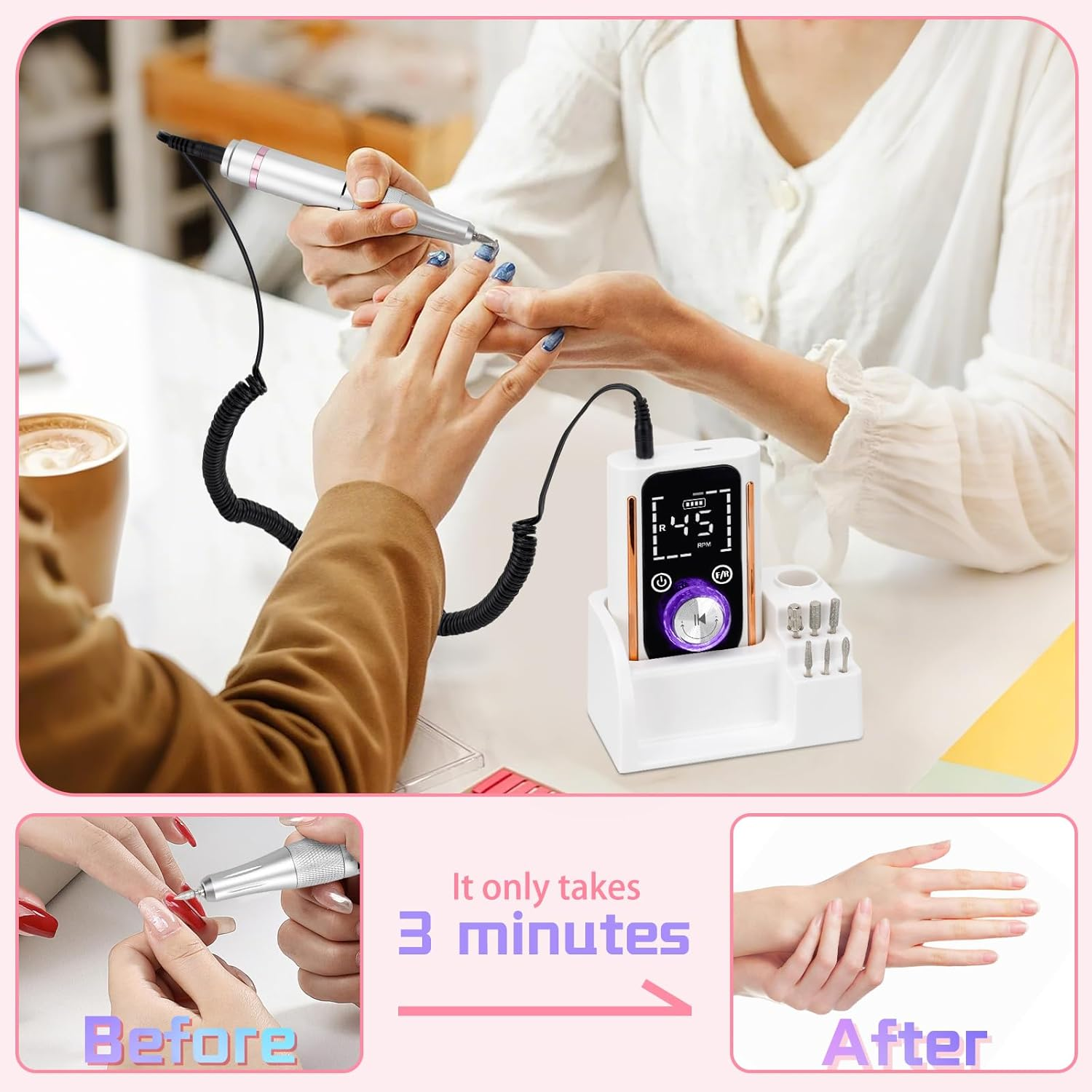 Nail Drill Portable Electric Nail File 45000RPM Rechargeable Nail Drill Professional with Bits & Base for Acrylic Gel Nails E File Machine Manicure Polishing for Salon Home image number 5