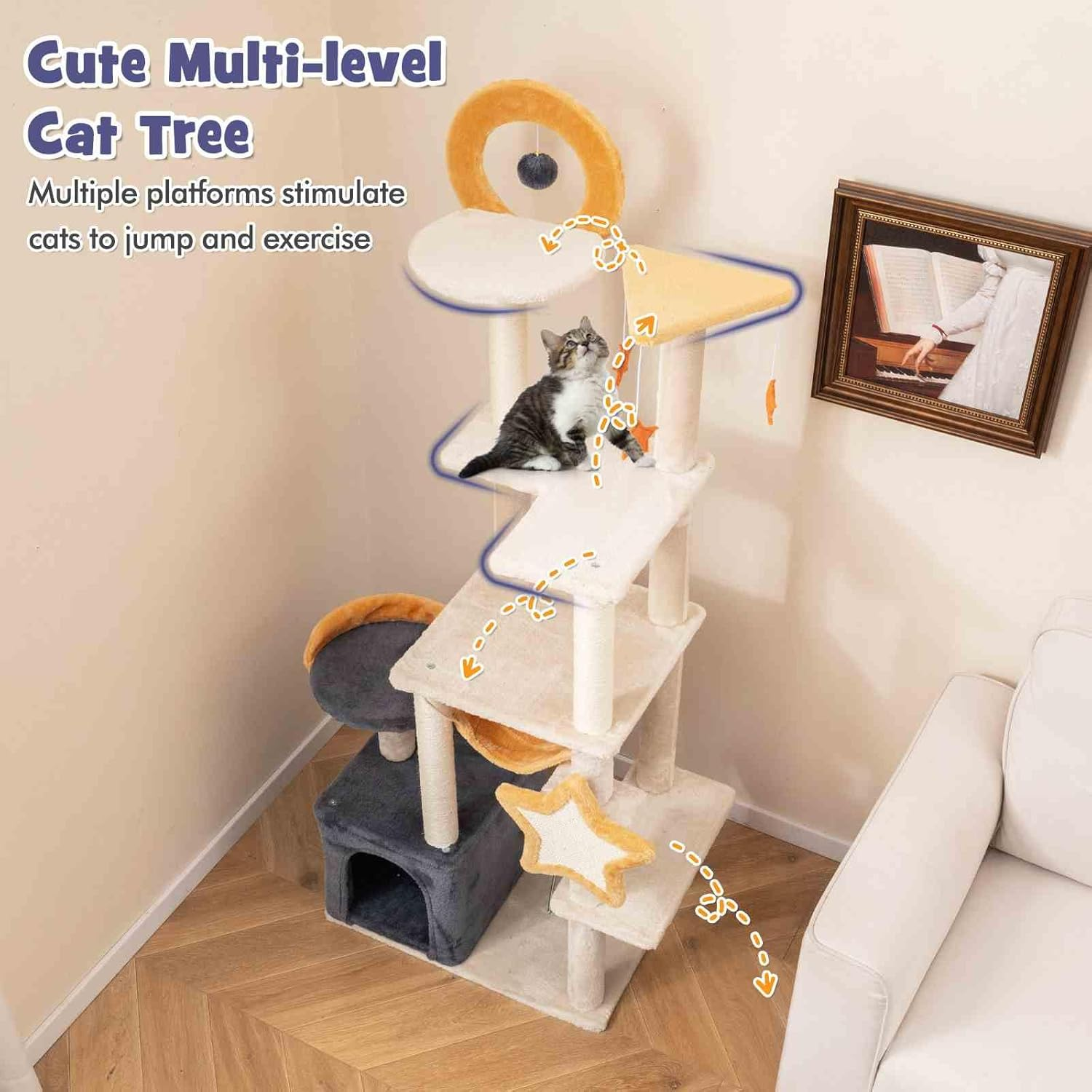 Costway 160Cm Cute Cat Tree for Indoor Cats, Multi-Level Cat Tower W/Sisal Scratching Posts & Board, Condo, Plush Perch & Platforms, Hanging Toys, Spring Ball, Large Kitty Activity Center image number 3