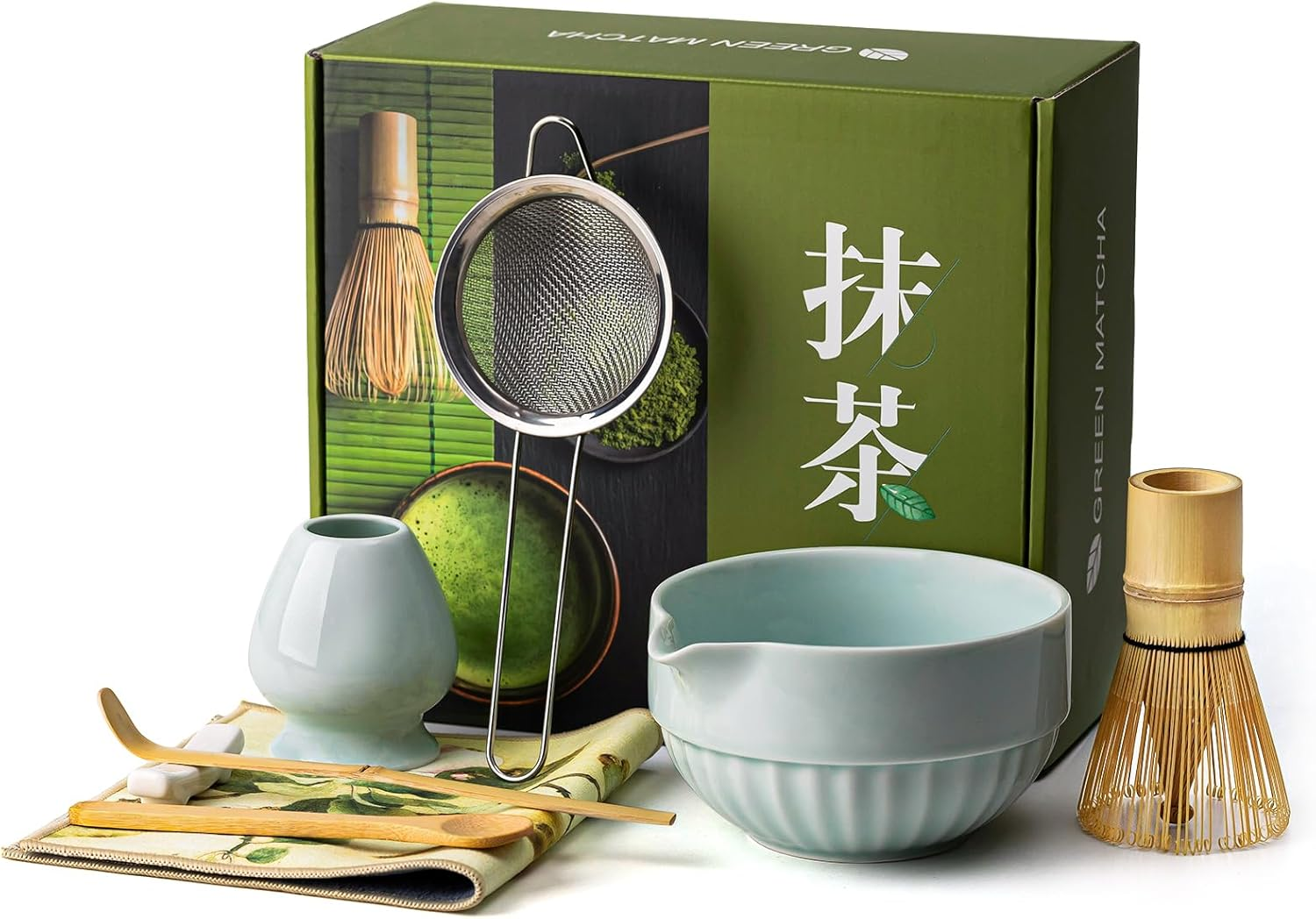 Matcha Tea Set &ndash; 8 Pcs Japanese Matcha Ceremony Kit with Matcha Bowl with Spout, Whisk (Chasen), Scoop (Chashaku),Spoon, Sifter, Tea Cloth (Chakin), Chasen Holder, Ceramic Stand for Scoop