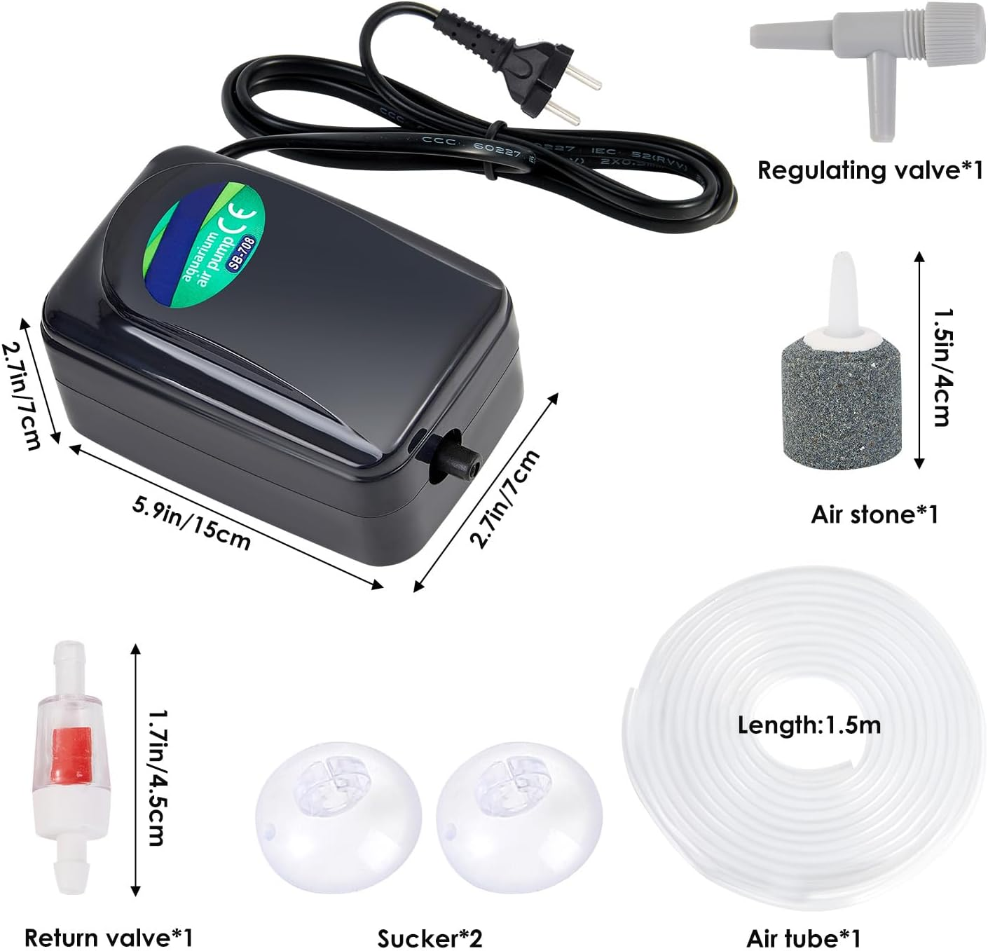 Zingbabu Aquarium Air Pump, 3W Quiet Oxygen Aerator Pump with Air Stone Airline Tubing and Check Valve, Adjustable Aerator for 40CM Fish Tank image number 3