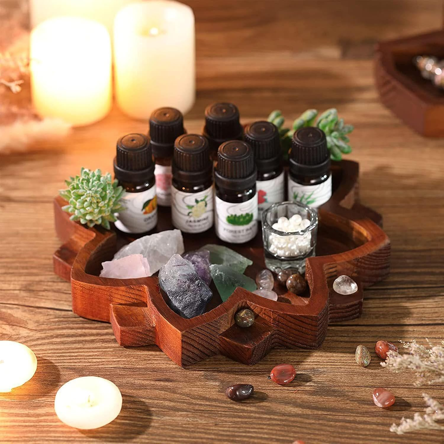 1 PCS Lotus Crystal Decorated Wooden Tray Mandala Crystal Tray Wooden Crystal Holder Stone Tray Wooden Jewelry Board Shelf Healing Crystal Organizer image number 2