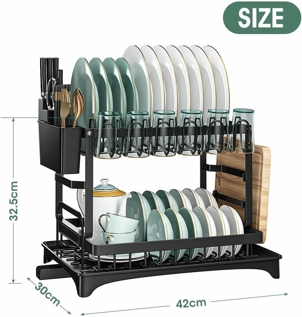 2 Tier Dish Drainer Auto Drainage Dish Drying Rack Kitchen Counter Organizer Rustproof Cutlery Holder Storage for Utensil Chopping Board Cup Black image number 5