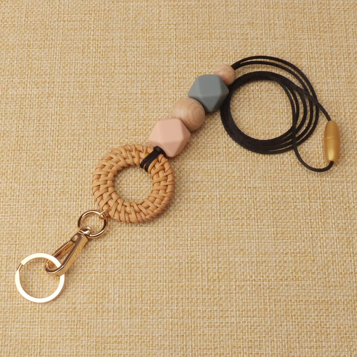 Teacher Lanyard for Id Badge Keys Cute Silicone Beaded Lanyards for Women Boho Wood Bead Lanyard Card Holder Wallet image number 2