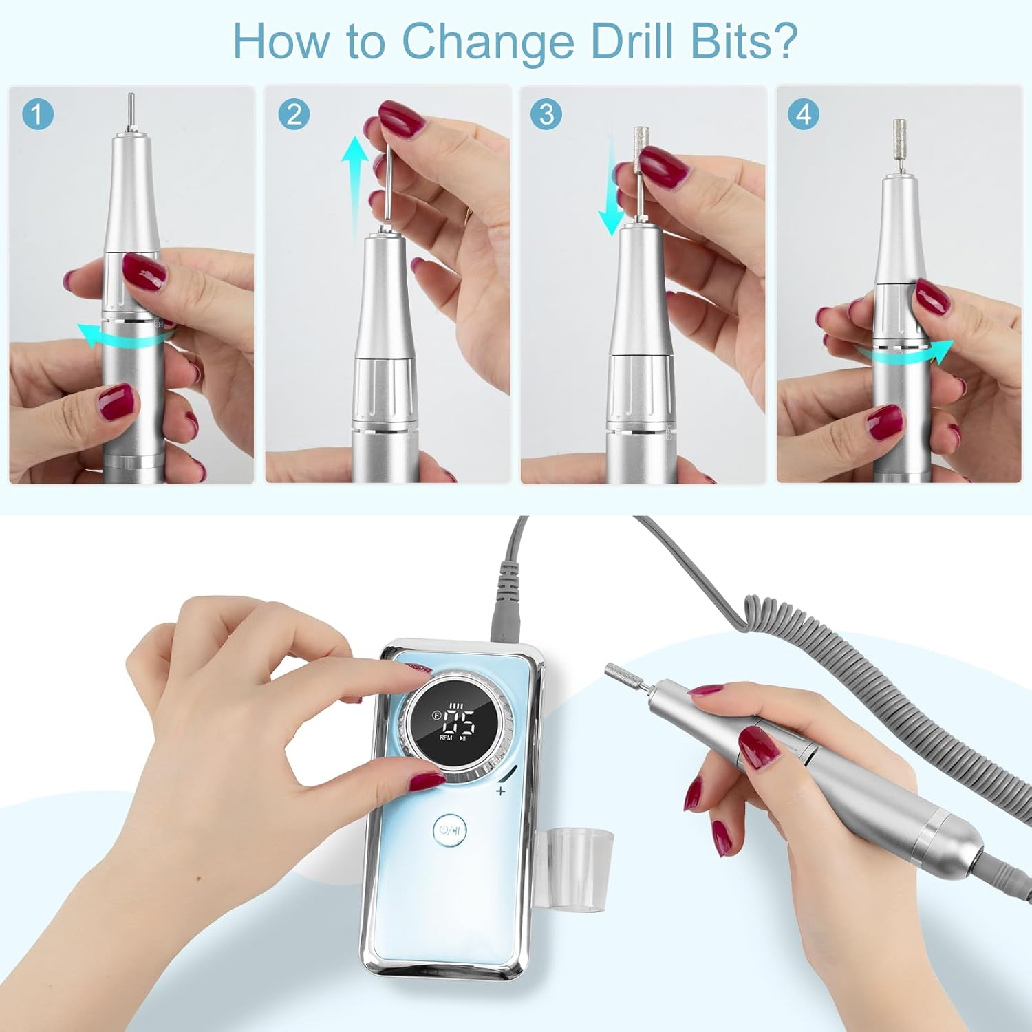 Madenia Professional Rechargeable Nail Drill: Electric Nail Files Portable USB E File for Acrylic Nails Gel, 35000RPM Adjustable Speed Electric Manicure and Pedicure Set with 6 Drill Bits,Blue image number 6