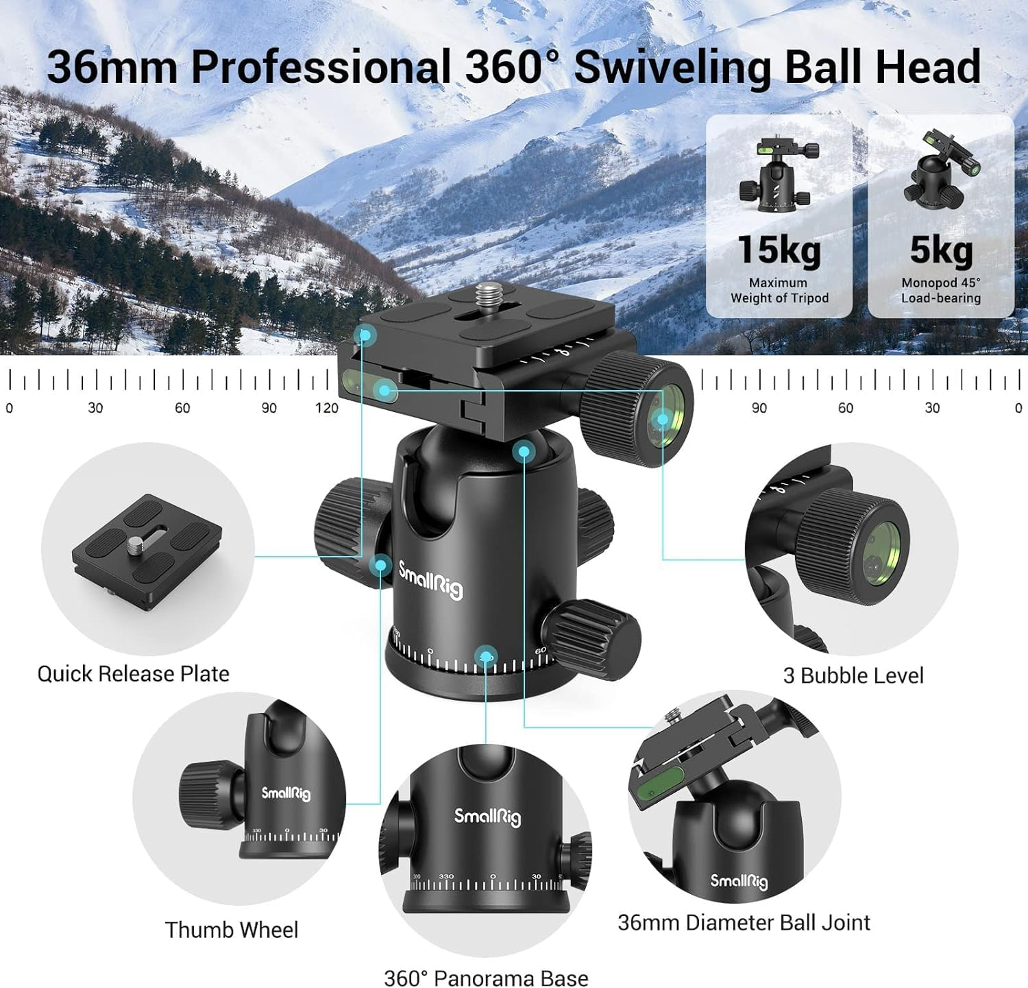 Smallrig Carema Tripod, 78.7" Foldable Aluminum Tripod & Monopod with 360&deg;Ball Head Detachable and Quick Release Plate, Adjustable Height from 18.5" to 78.7" image number 2