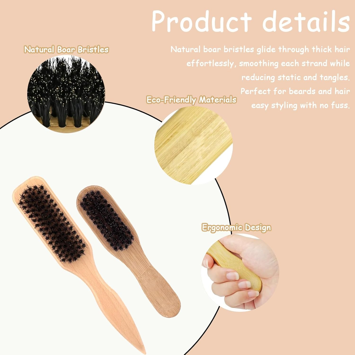 2-Pack Boar Bristle Slick Back Hair Brush &ndash; for Men & Women: Tame Frizz, Nourish Hair & Groom On-The-Go Slick Brushes for Hair & Beard Care(Large for Household & Small for Travel) image number 4