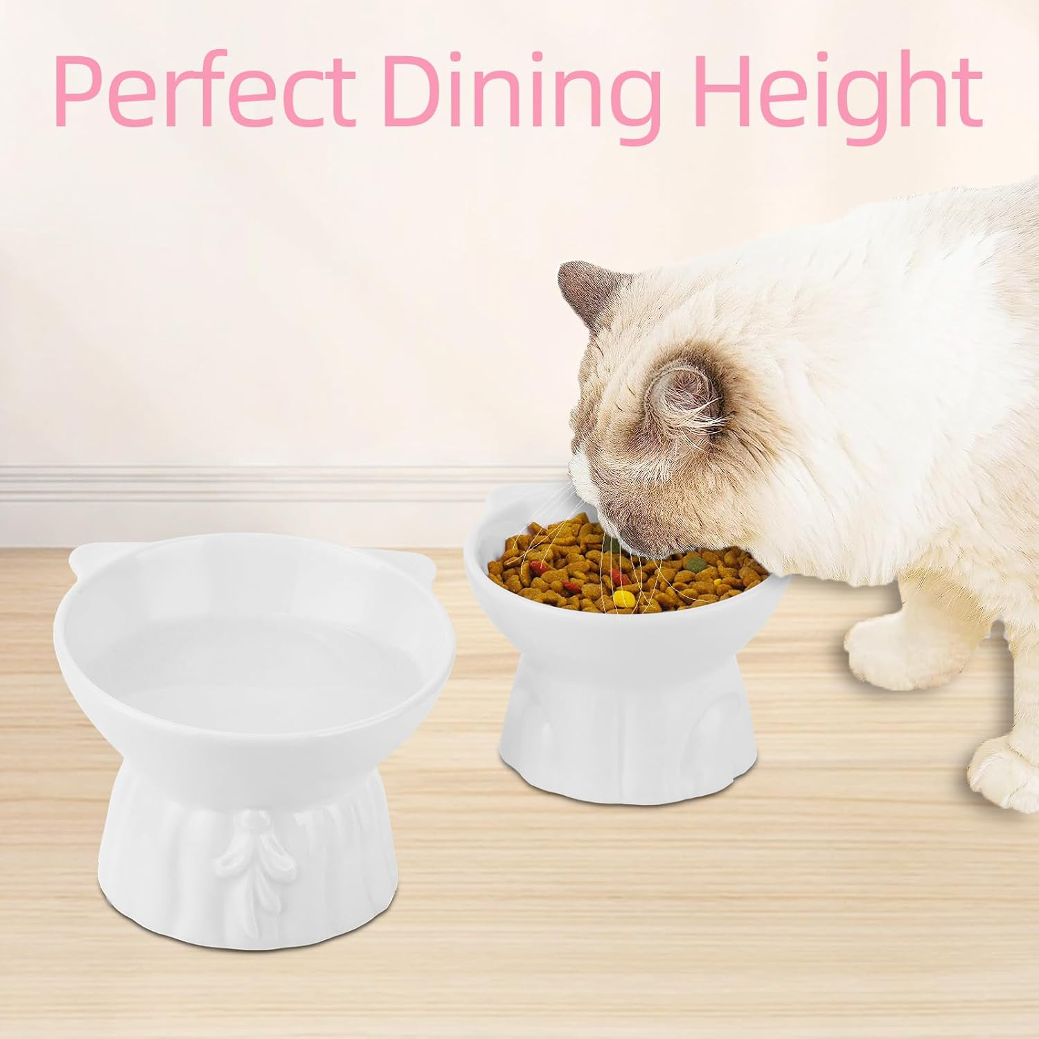 Ceramic Elevated Cat Bowls, 2Pc Extra Wide Raised Cat Bowls for Food and Water, Shallow Cat Food Dish Whisker Friendly, anti Vomit Cat Bowls Microwave and Dishwasher Safe, Great Height for Cat (White) image number 3