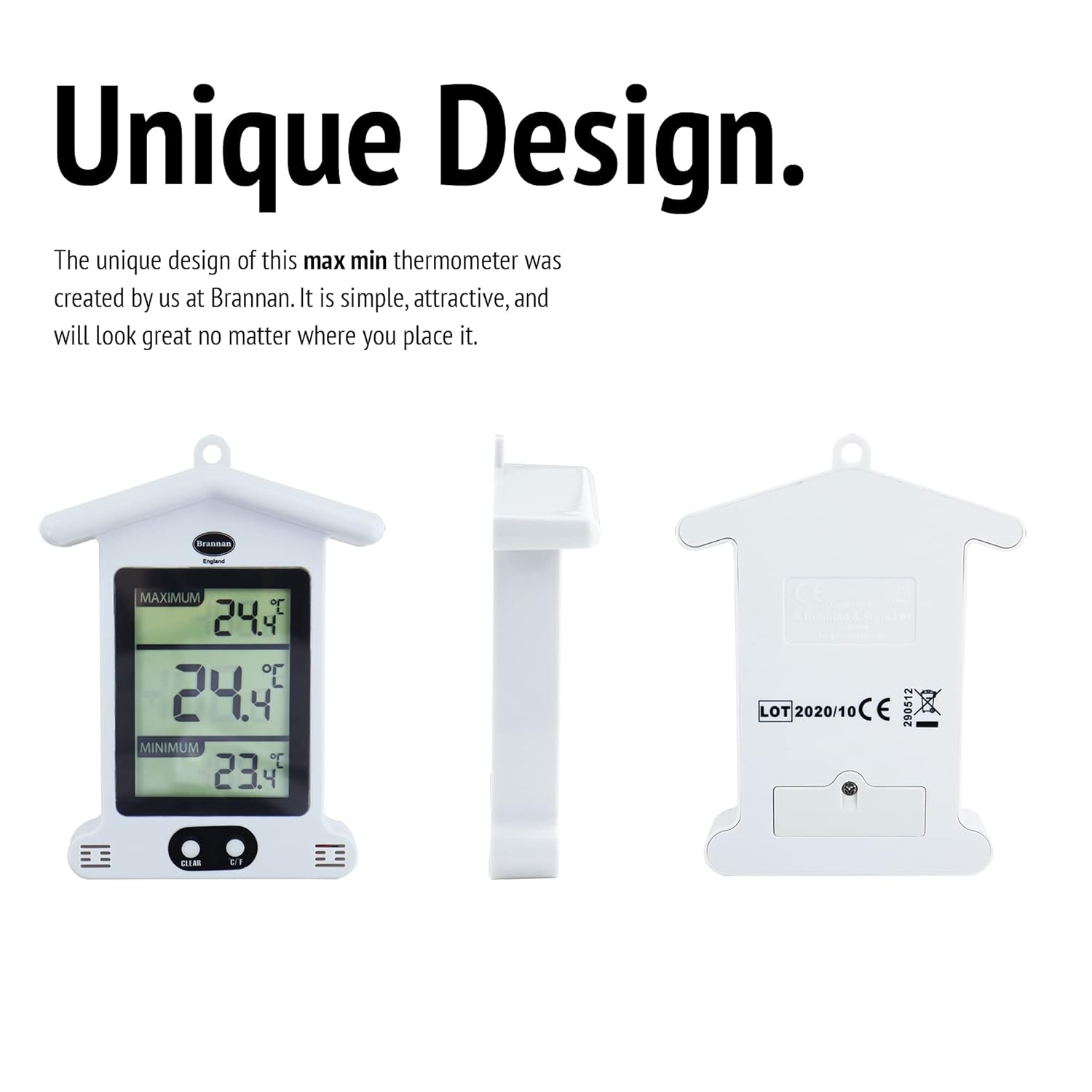 Brannan Digital White Greenhouse Thermometer &ndash; Stylish Weatherproof Max Min Thermometer to Monitor Maximum and Minimum Temperatures in a Garden Greenhouse Indoor Room Home Growroom Easily Wall Mounted image number 3