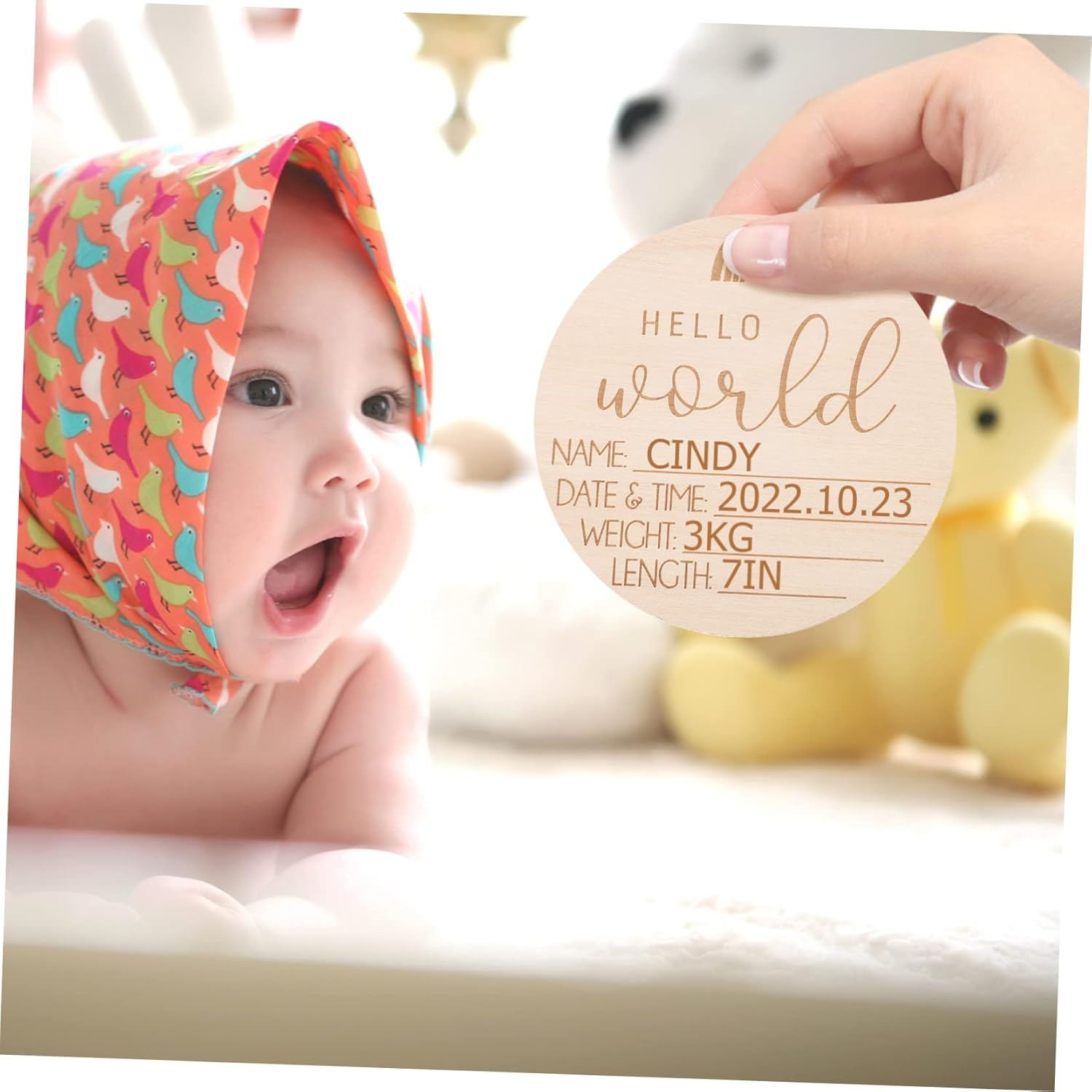 5Pcs Newborn Welcome Sign Wood Birth Announcement Name Sign Cards for Nursery Newborn Shower You Are Born Card image number 2