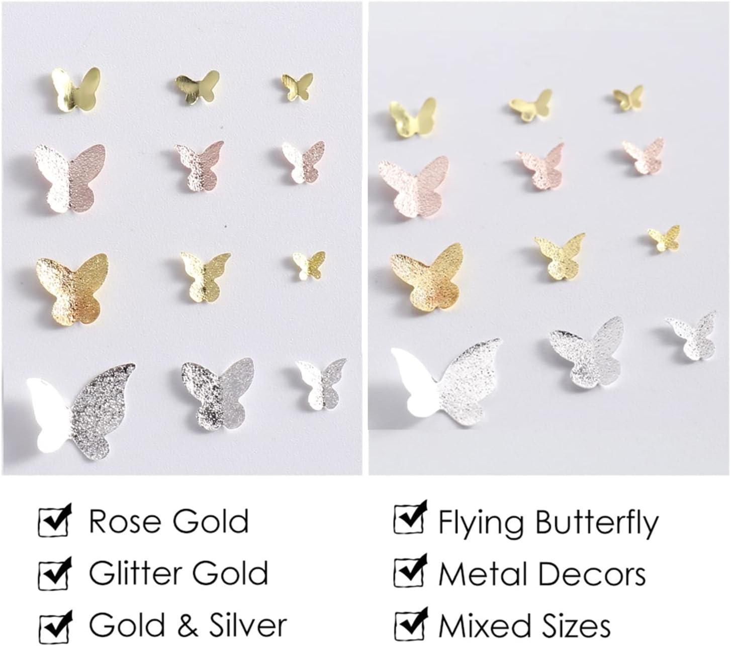Metal Butterfly Nail Art Decorations, 3D Gold Silver Butterflies Nail Glitter Sequins, Glitter Gold Flying Butterfly Nail Art Design, Metal Butterflies Flakes Acrylic Supplies for Women Manicure Art image number 2