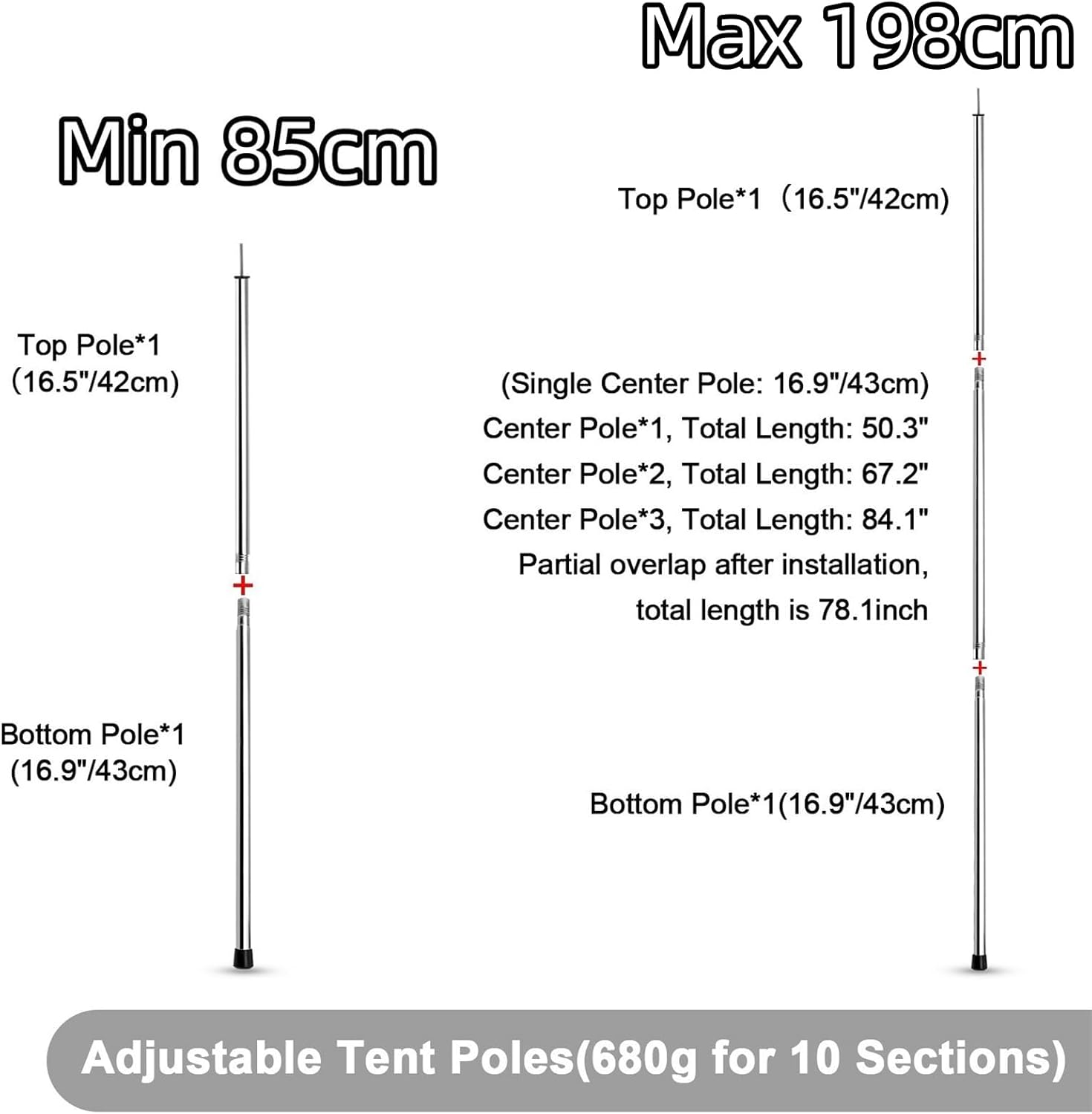 KOMCLUB Tarp Poles 198Cm/78.1In Adjustable Camping Tent Poles Sturdy Lightweight Stainless Steel Shade Pole for Awnings Canopy Rain Fly Shelter 19Mm Set of 2 image number 4