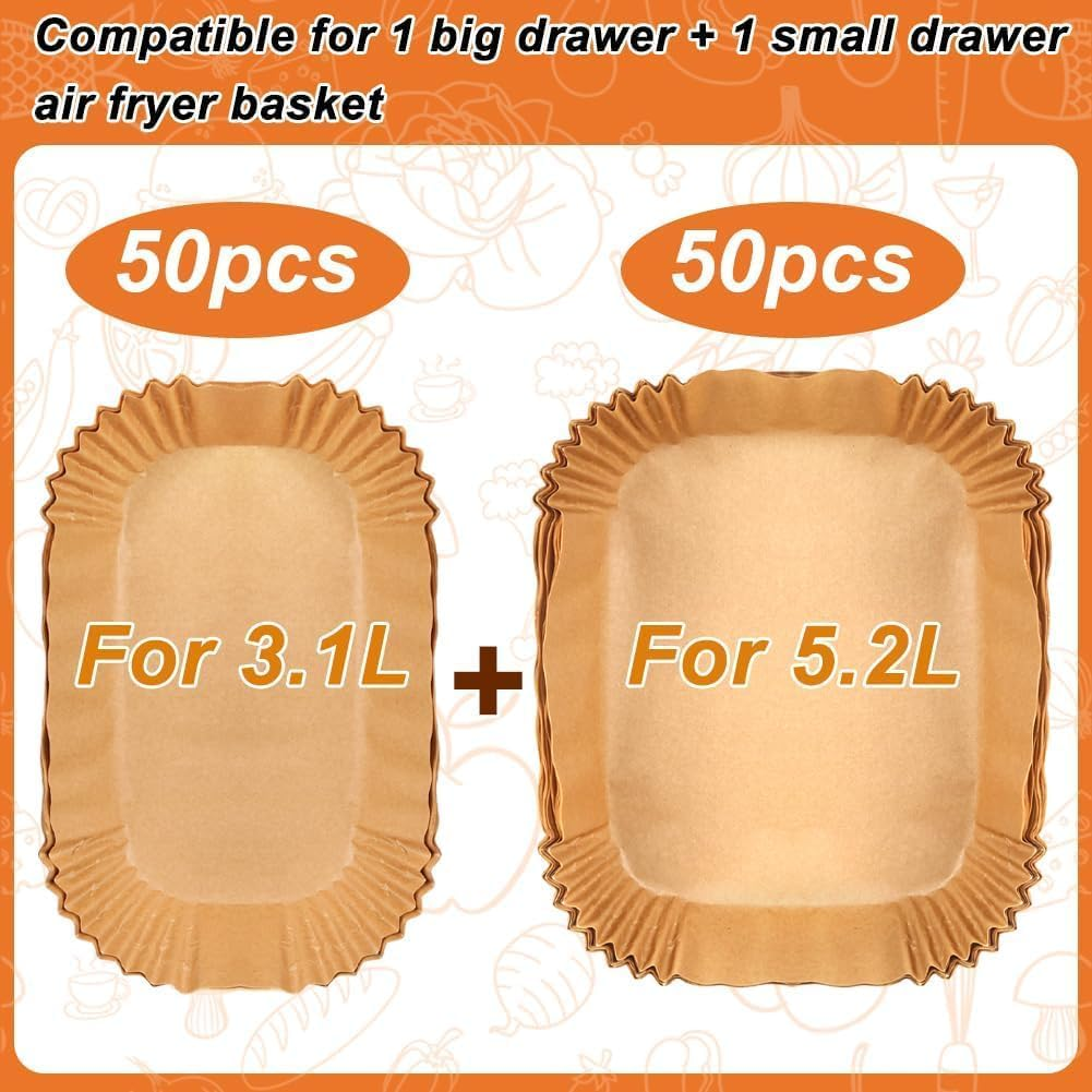 Akulife Air Fryer Liners for 5L & 3L Dual Air Fryer, Disposable Paper Liners for Philips Dual Basket Air Fryer, Tefal, Tower and Other Large & Small 2 Drawer Basket Air Fryer (100PCS)