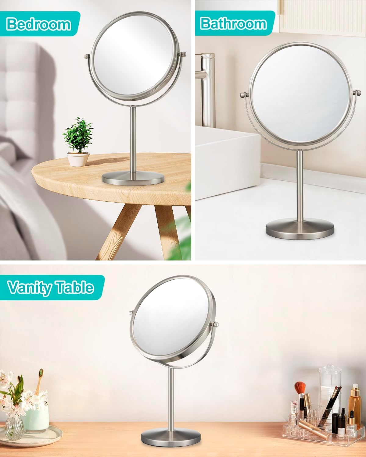 ALHAKIN 1X/15X Magnifying Makeup Mirror, Double Sided Mirror with Stand, Tabletop Desk Mirror 360&deg;Rotation for Bathroom, Nickel image number 6